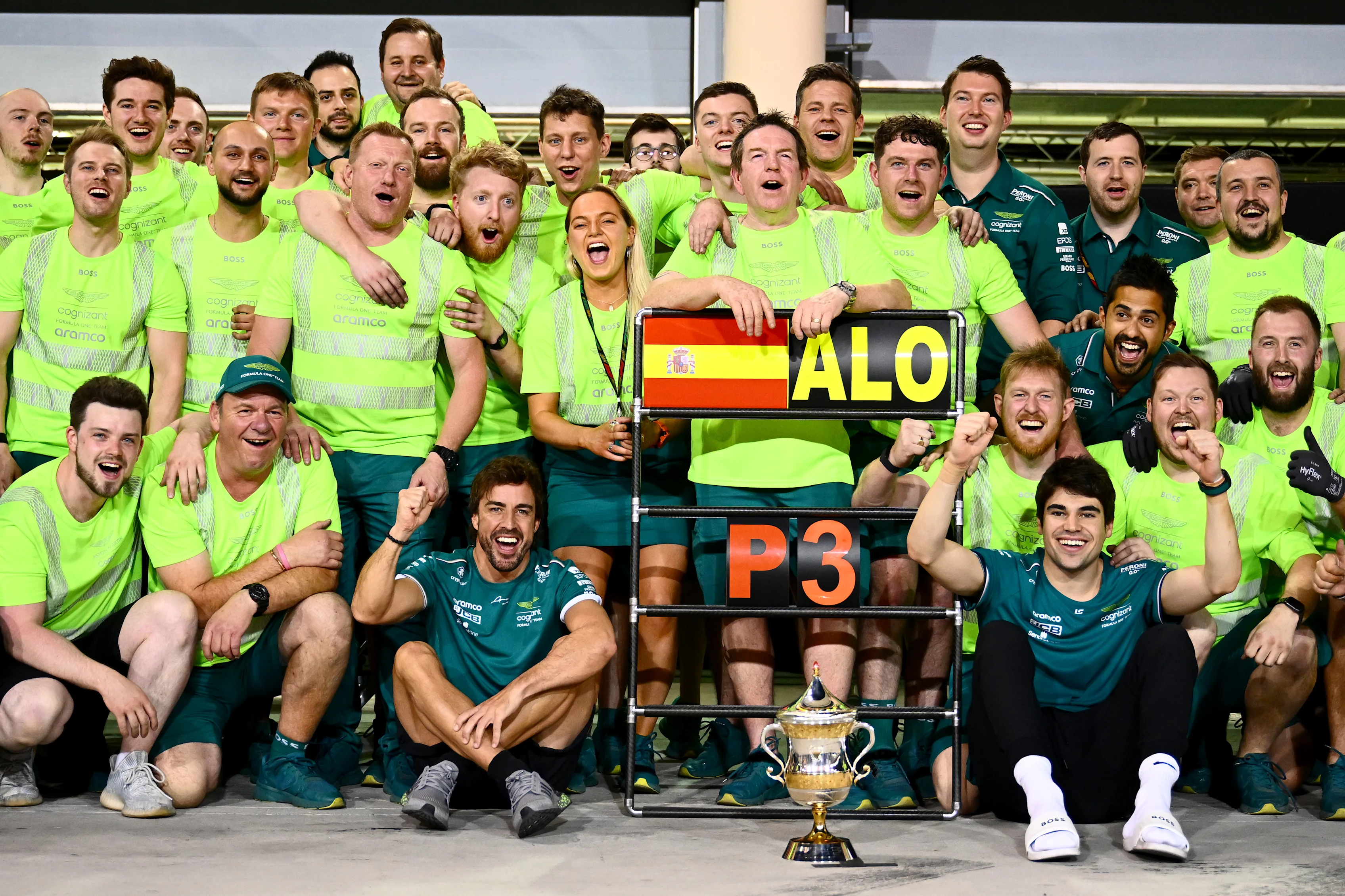 BAHRAIN, BAHRAIN - MARCH 05: Third placed Fernando Alonso of Spain and Aston Martin F1 Team