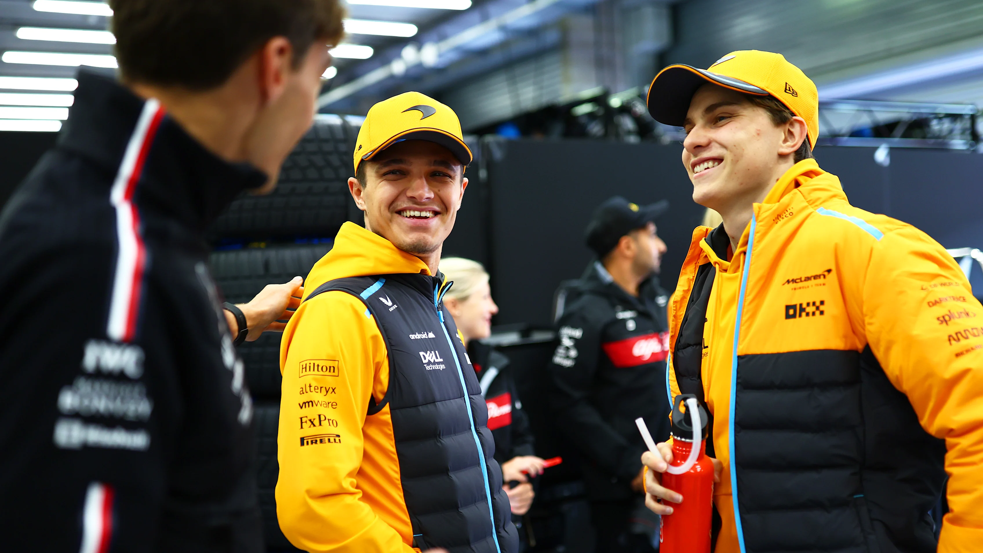 SPA, BELGIUM - JULY 30: Lando Norris of Great Britain and McLaren, George Russell of Great Britain
