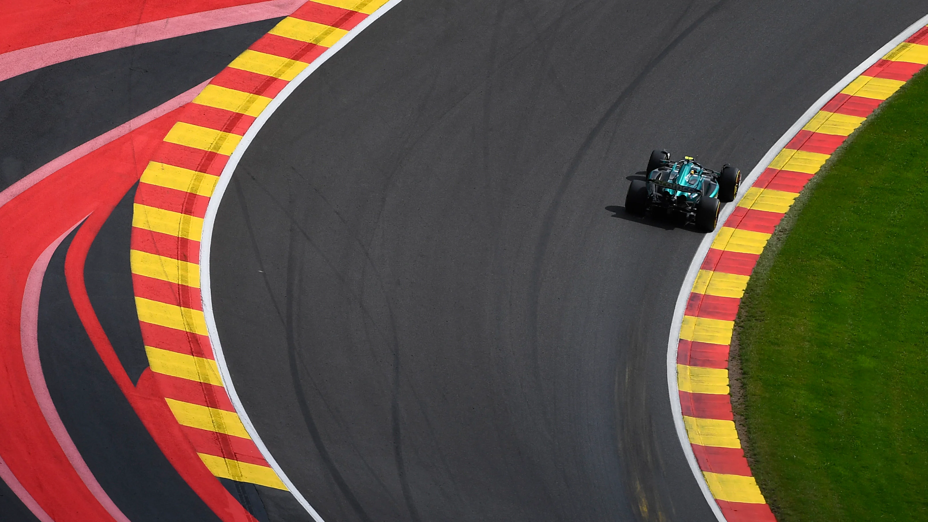 SPA, BELGIUM - JULY 30: Fernando Alonso of Spain driving the (14) Aston Martin AMR23 Mercedes on track during the F1 Grand Prix of Belgium at Circuit de Spa-Francorchamps on July 30, 2023 in Spa, Belgium. (Photo by Rudy Carezzevoli - Formula 1/Formula 1 via Getty Images)