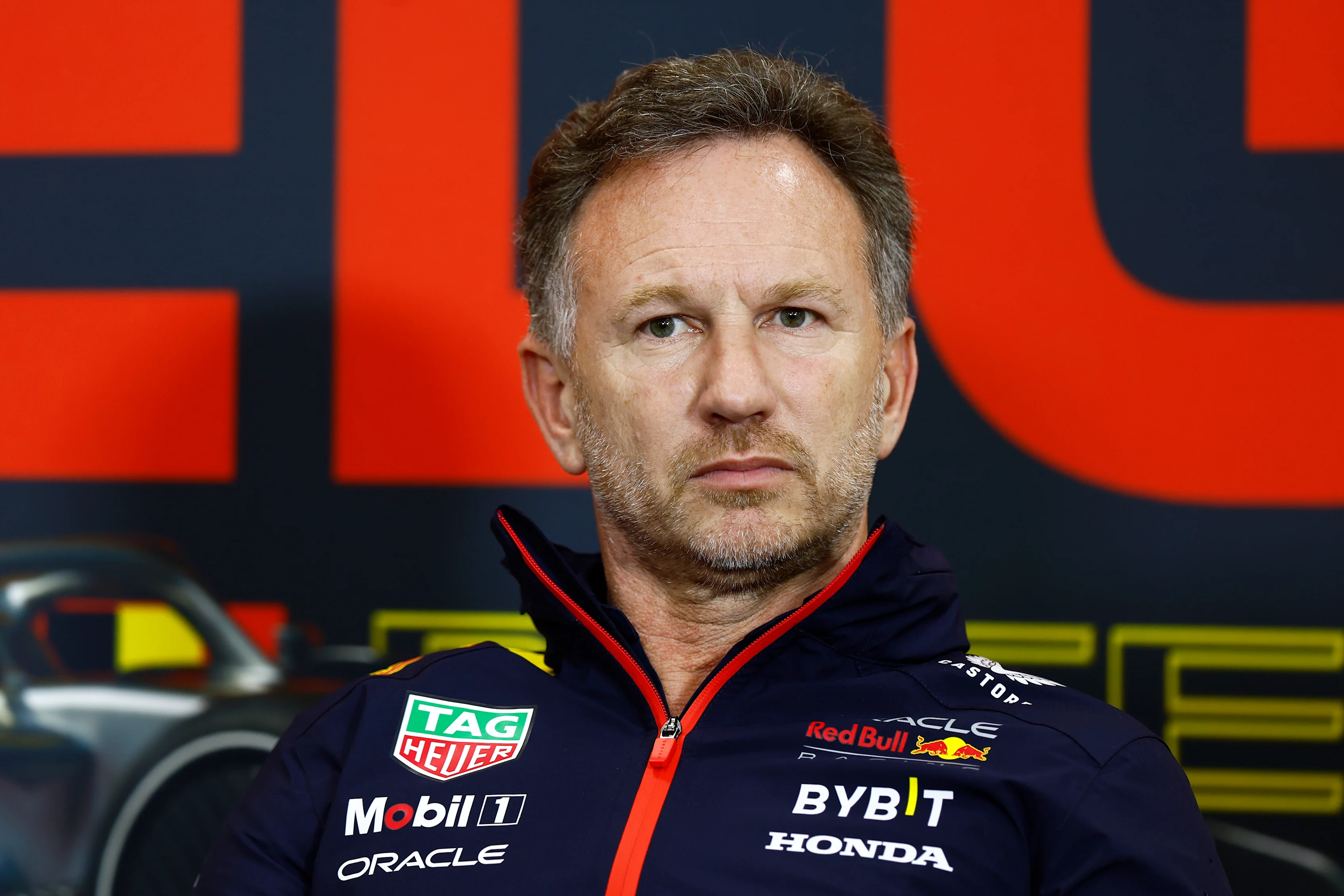 SPA, BELGIUM - JULY 28: Red Bull Racing Team Principal Christian Horner attends the Team Principals Press Conference after practice ahead of the F1 Grand Prix of Belgium at Circuit de Spa-Francorchamps on July 28, 2023 in Spa, Belgium. (Photo by Francois Nel/Getty Images)