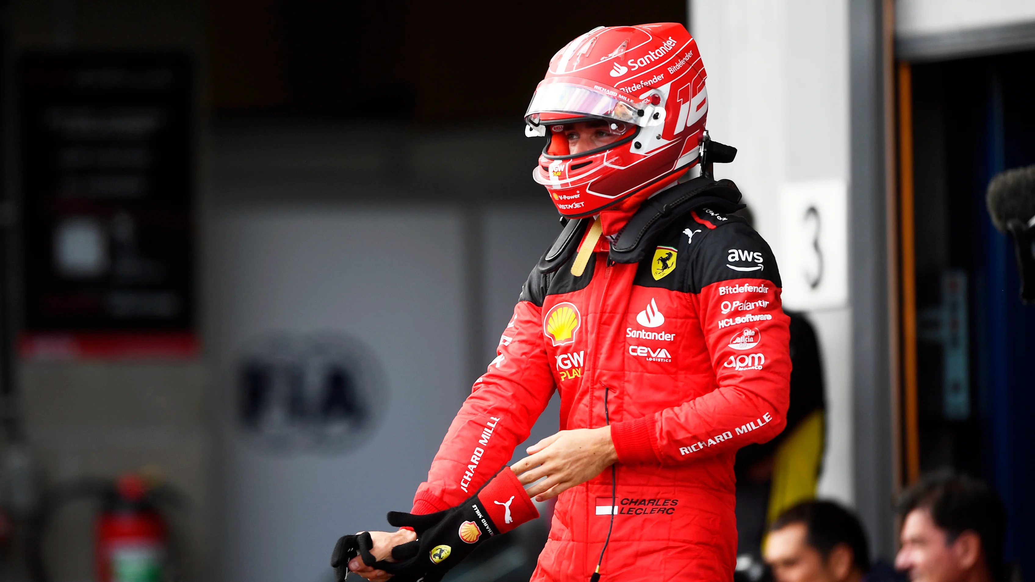 SPA, BELGIUM - JULY 28: Second placed qualifier Charles Leclerc of Monaco and Ferrari looks on, in parc ferme during qualifying ahead of the F1 Grand Prix of Belgium at Circuit de Spa-Francorchamps on July 28, 2023 in Spa, Belgium. (Photo by Rudy Carezzevoli - Formula 1/Formula 1 via Getty Images)