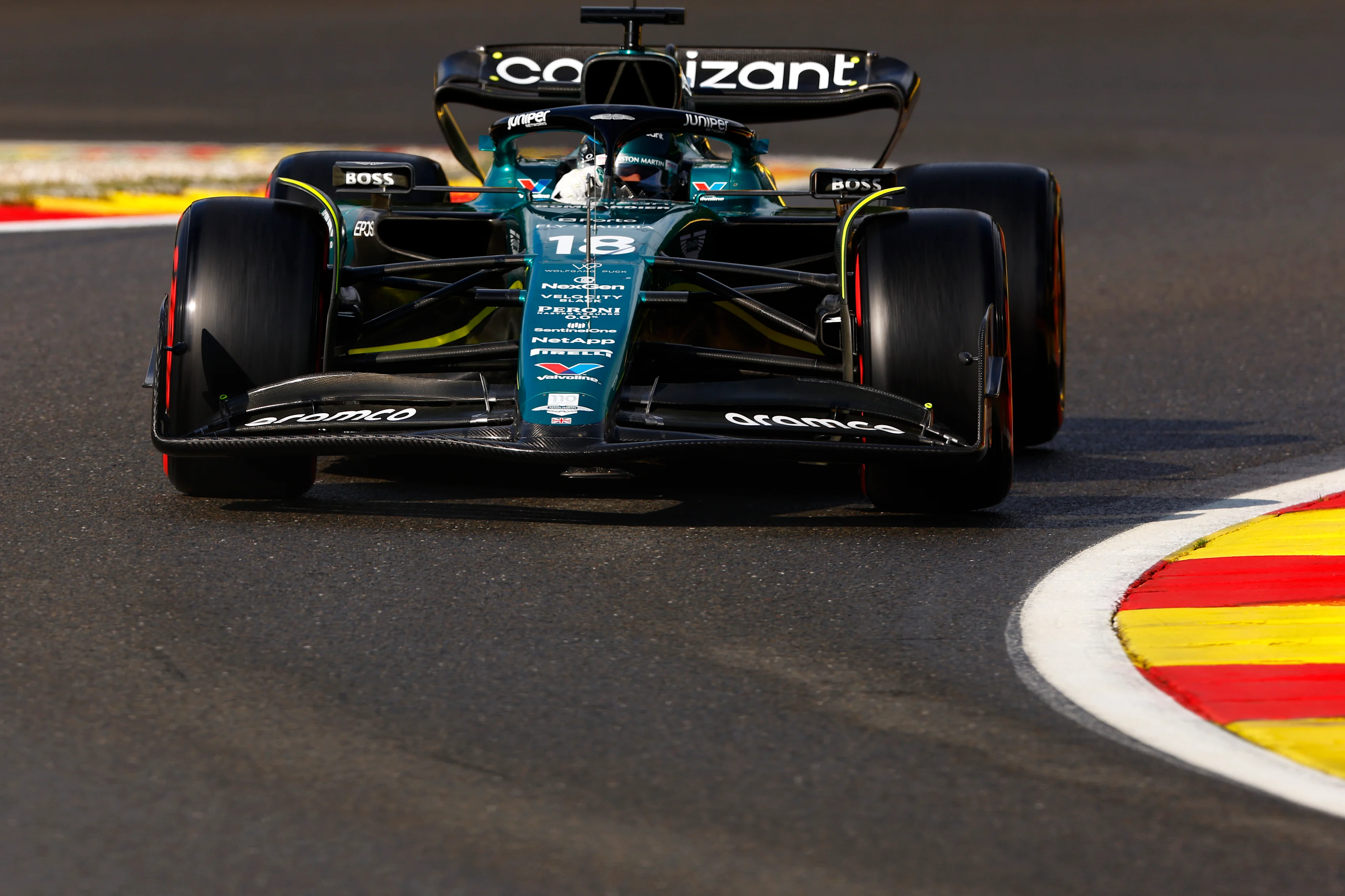SPA, BELGIUM - JULY 28: Lance Stroll of Canada driving the (18) Aston Martin AMR23 Mercedes on