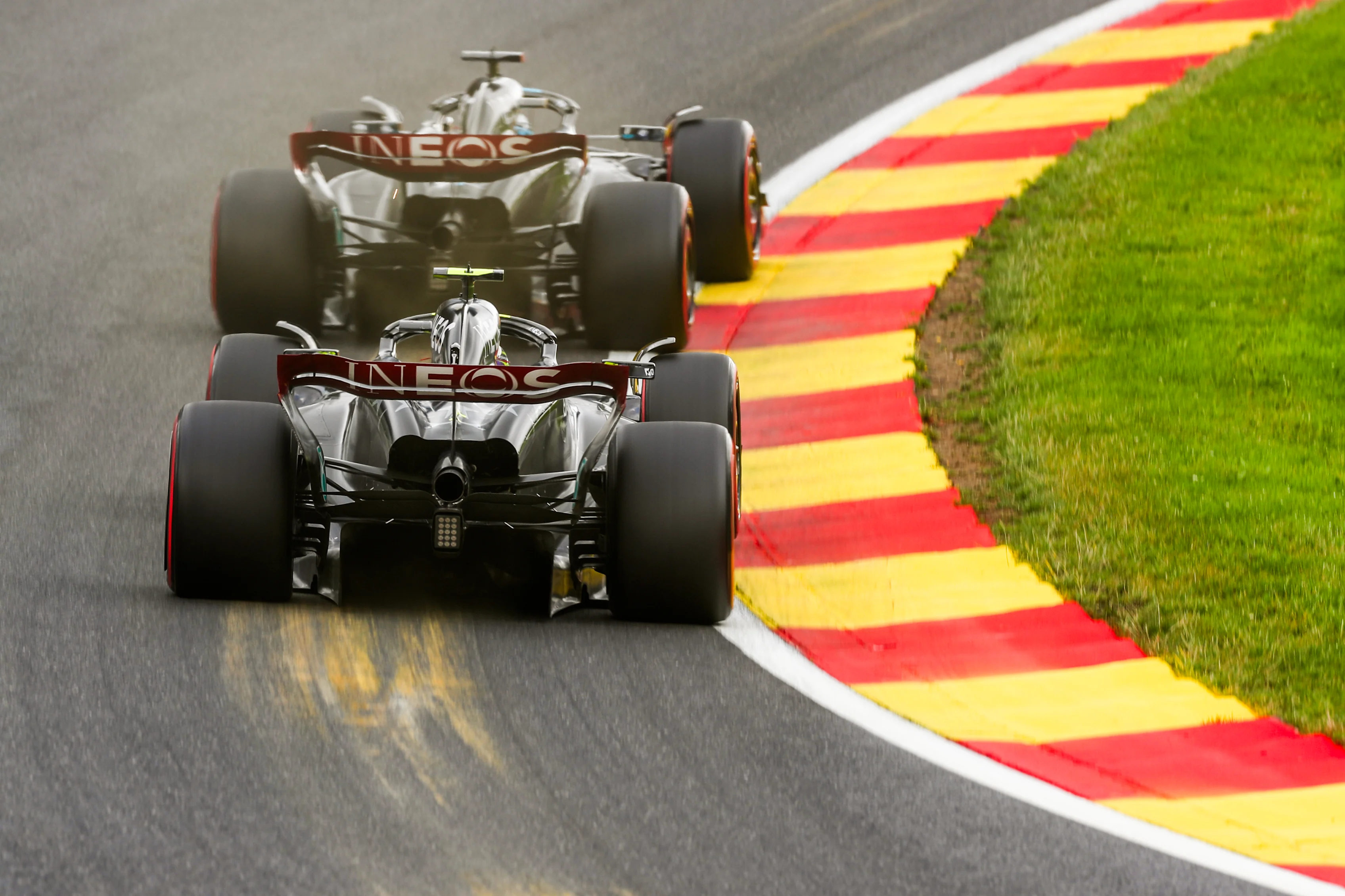 SPA, BELGIUM - JULY 29: George Russell of Mercedes and Great Britain and Lewis Hamilton of Mercedes and Great Britain during the Sprint Shootout ahead of the F1 Grand Prix of Belgium at Circuit de Spa-Francorchamps on July 29, 2023 in Spa, Belgium. (Photo by Peter Fox/Getty Images)