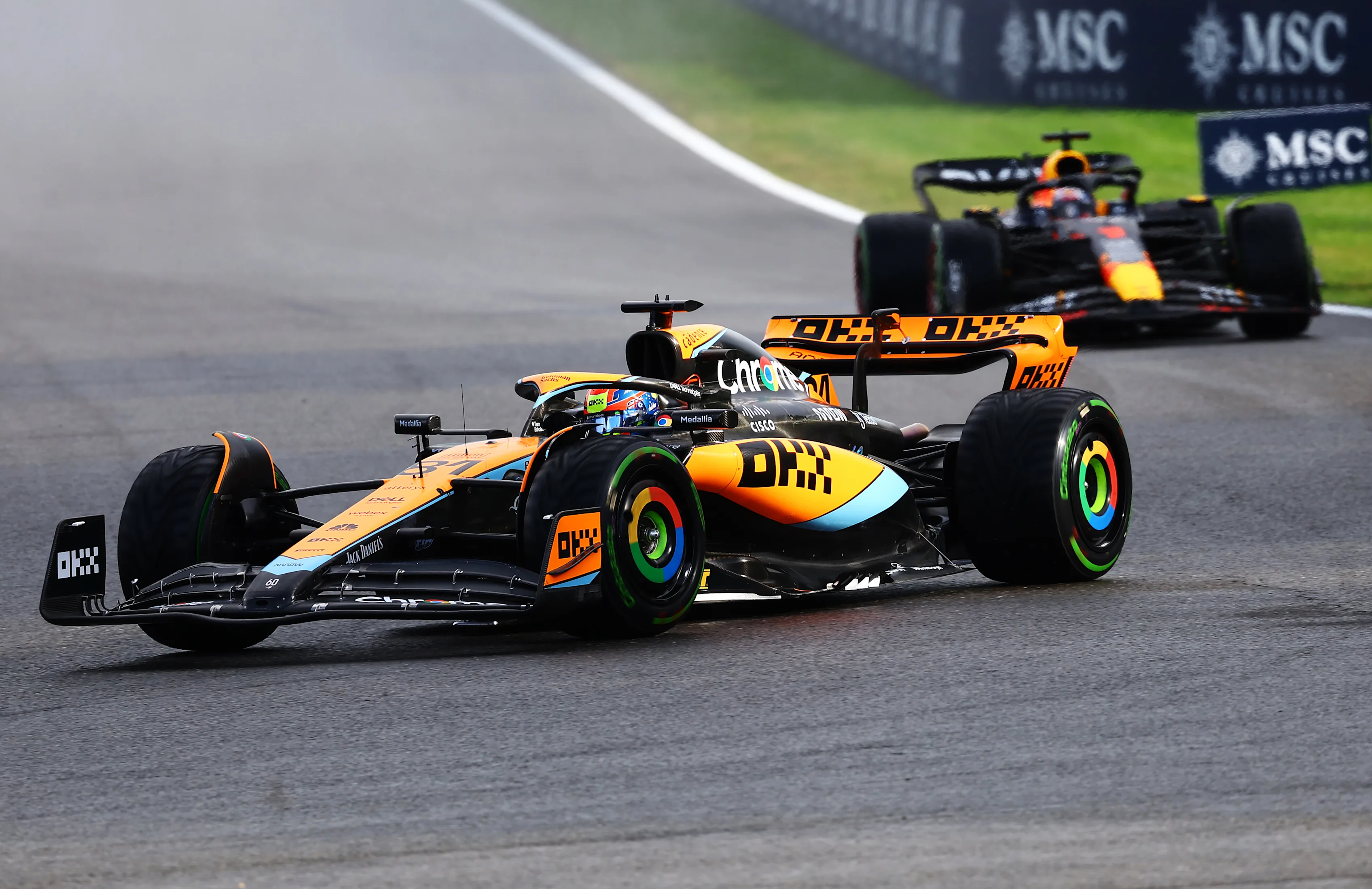 SPA, BELGIUM - JULY 29: Oscar Piastri of Australia driving the (81) McLaren MCL60 Mercedes leads