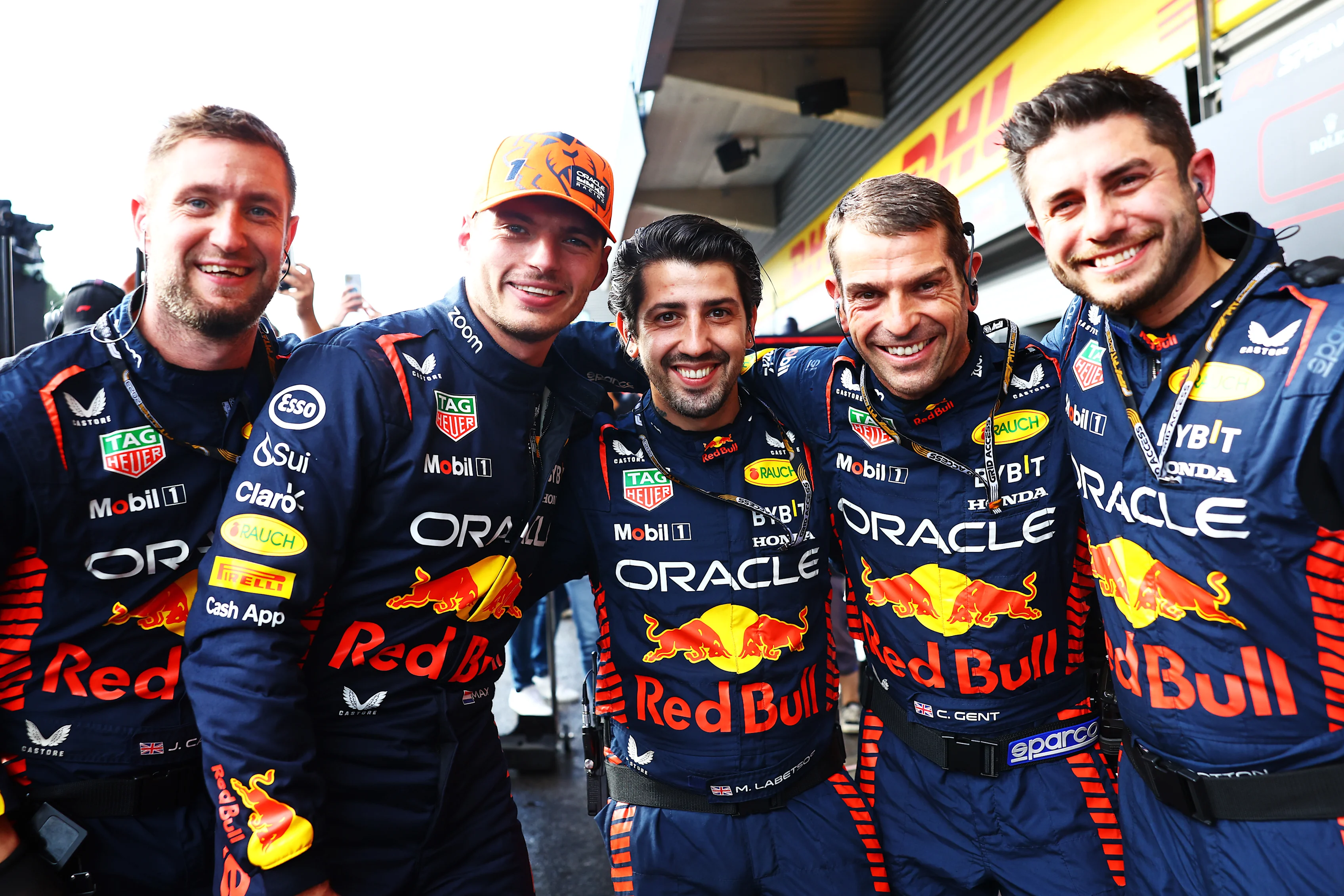 SPA, BELGIUM - JULY 29: Sprint winner Max Verstappen of the Netherlands and Oracle Red Bull Racing celebrates with his team in parc ferme during the Sprint ahead of the F1 Grand Prix of Belgium at Circuit de Spa-Francorchamps on July 29, 2023 in Spa, Belgium. (Photo by Mark Thompson/Getty Images)