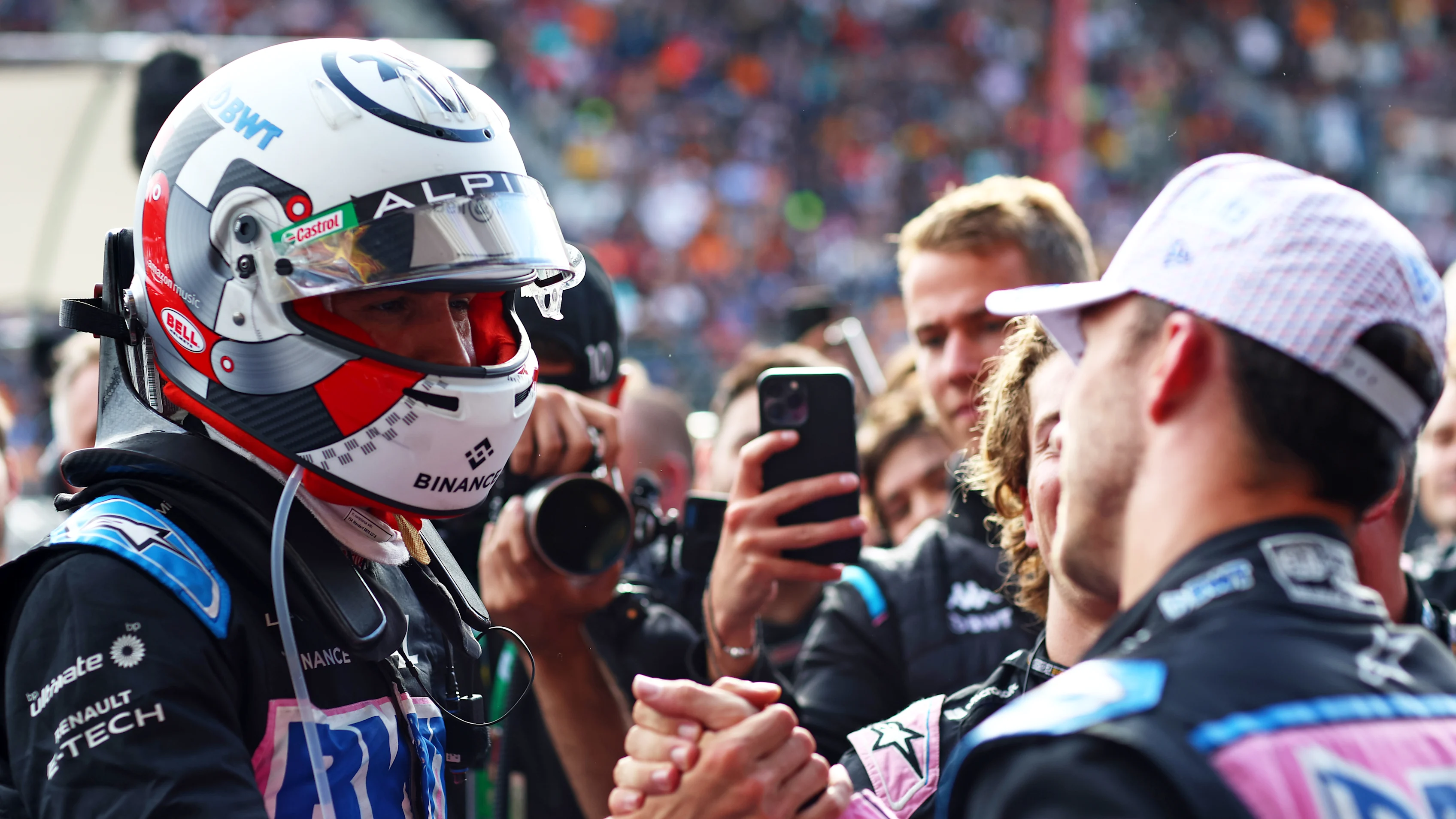 SPA, BELGIUM - JULY 29: 9th placed Esteban Ocon of France and Alpine F1 congratulates Third placed Pierre Gasly of France and Alpine F1 in parc ferme during the Sprint ahead of the F1 Grand Prix of Belgium at Circuit de Spa-Francorchamps on July 29, 2023 in Spa, Belgium. (Photo by Dan Istitene - Formula 1/Formula 1 via Getty Images)
