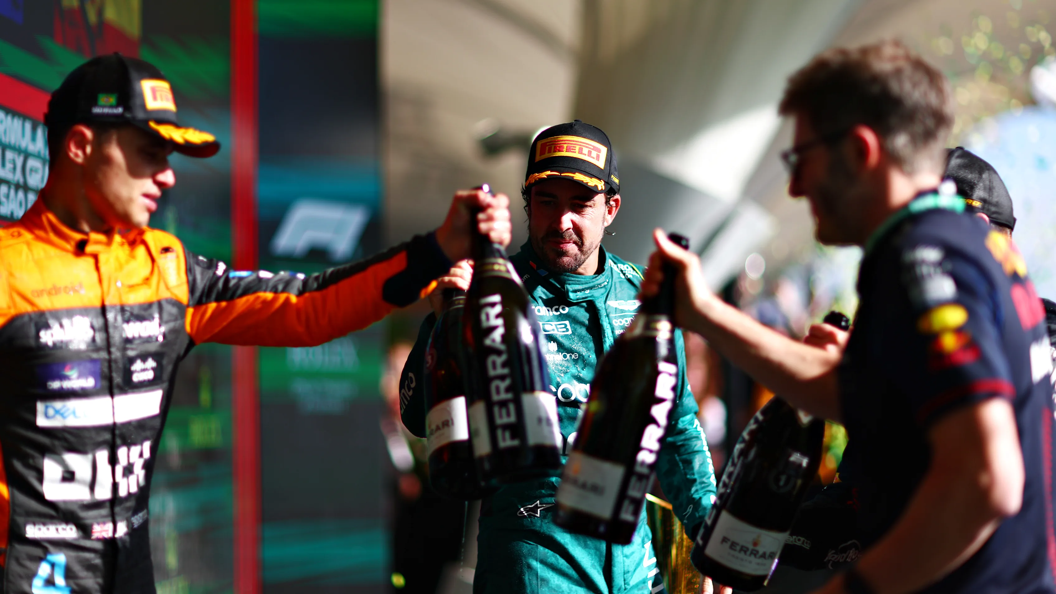 SAO PAULO, BRAZIL - NOVEMBER 05: Third placed Fernando Alonso of Spain and Aston Martin F1 Team
