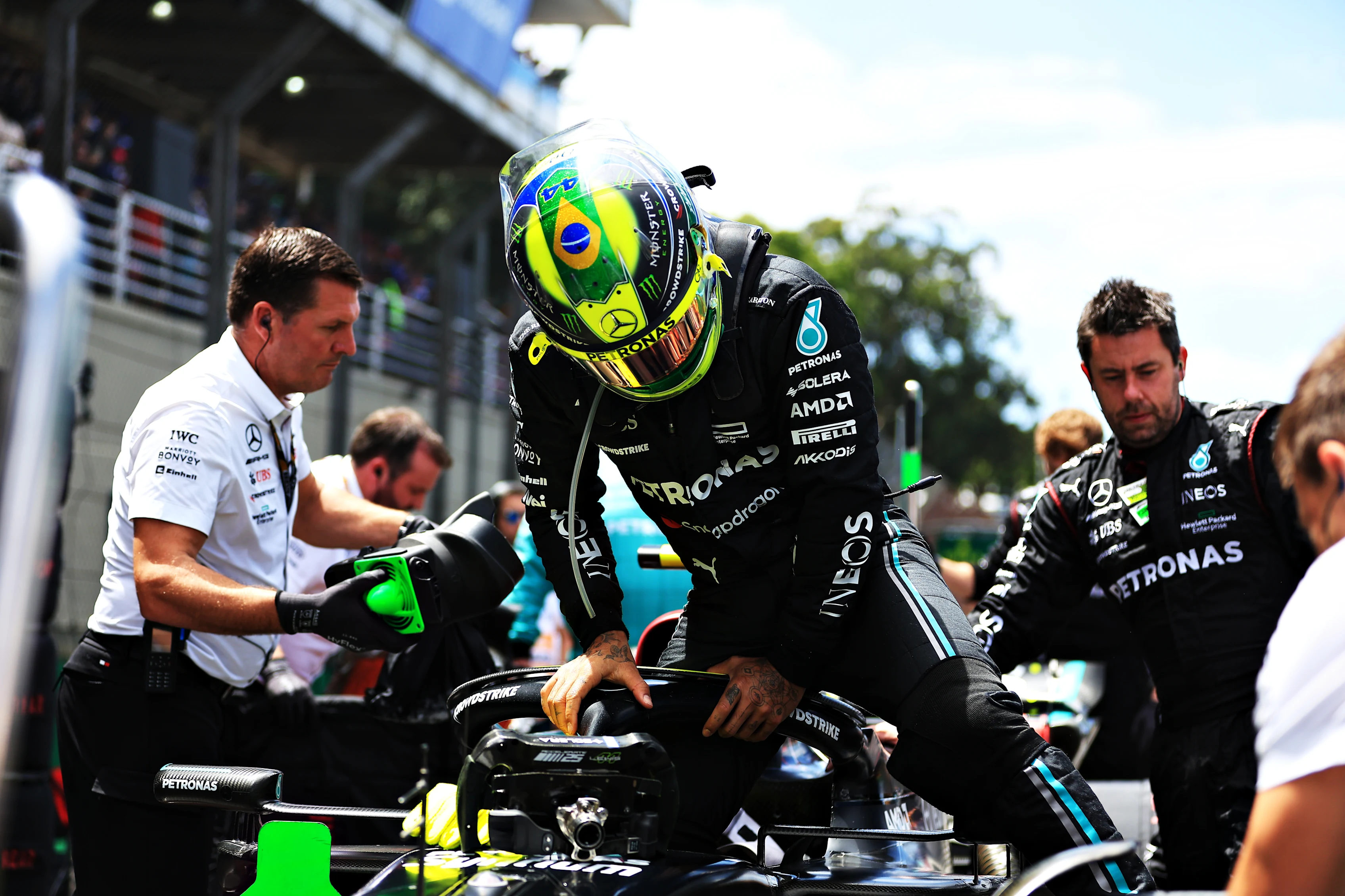SAO PAULO, BRAZIL - NOVEMBER 05: Lewis Hamilton of Great Britain and Mercedes prepares to drive on