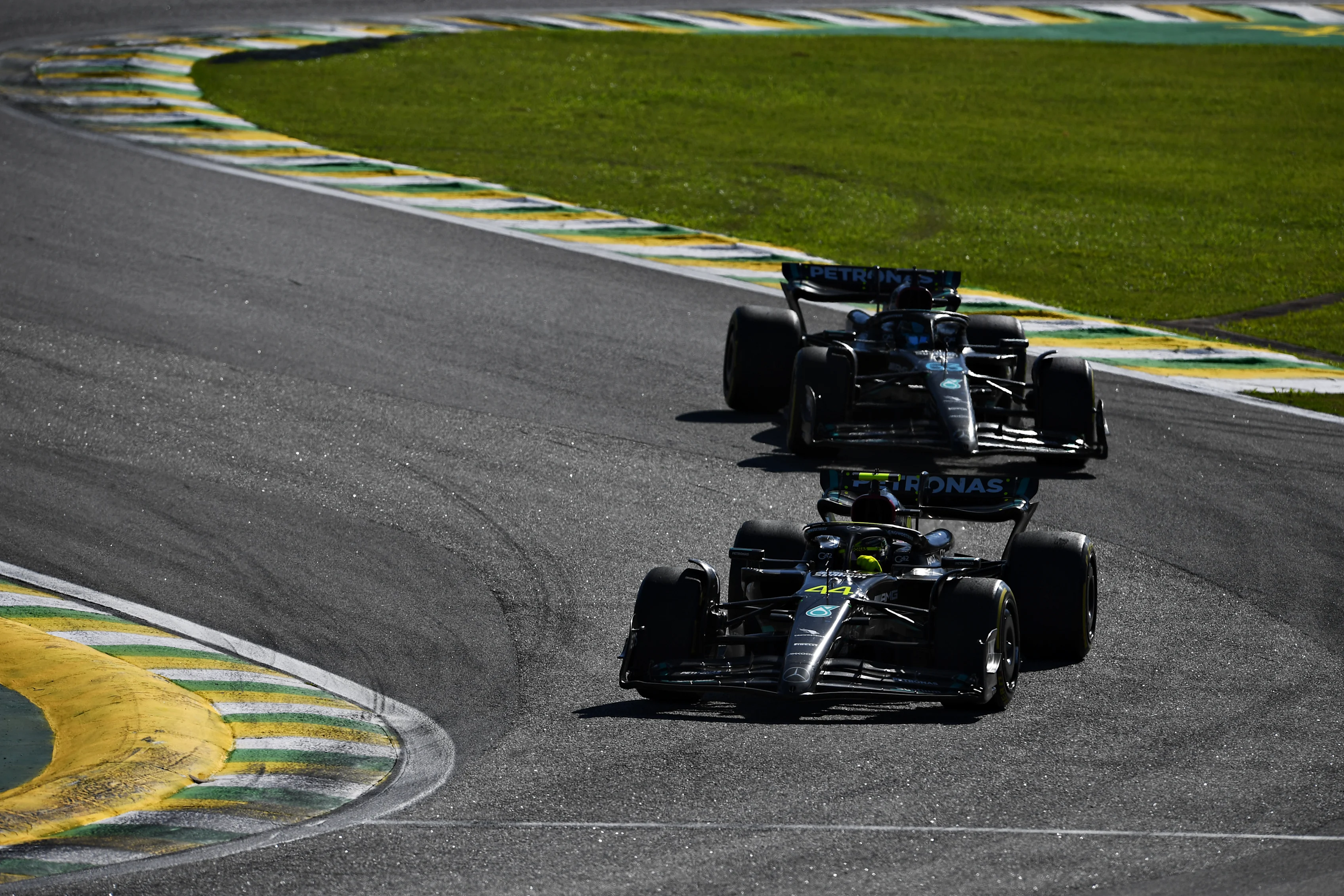 SAO PAULO, BRAZIL - NOVEMBER 05: Lewis Hamilton of Great Britain driving the (44) Mercedes AMG
