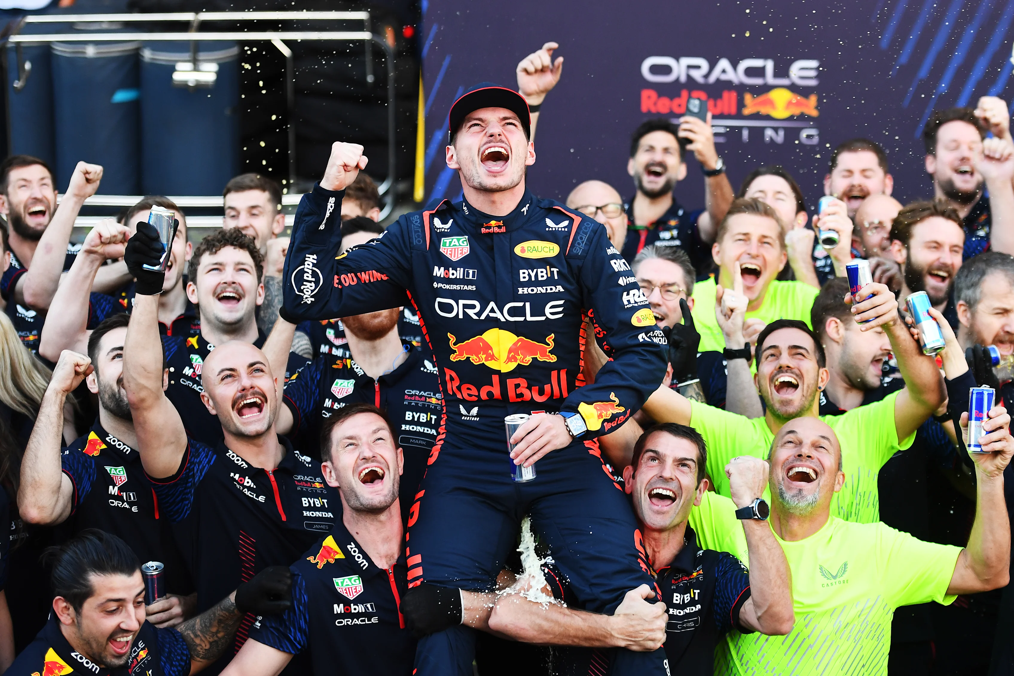 SAO PAULO, BRAZIL - NOVEMBER 05: Race winner Max Verstappen of the Netherlands and Oracle Red Bull