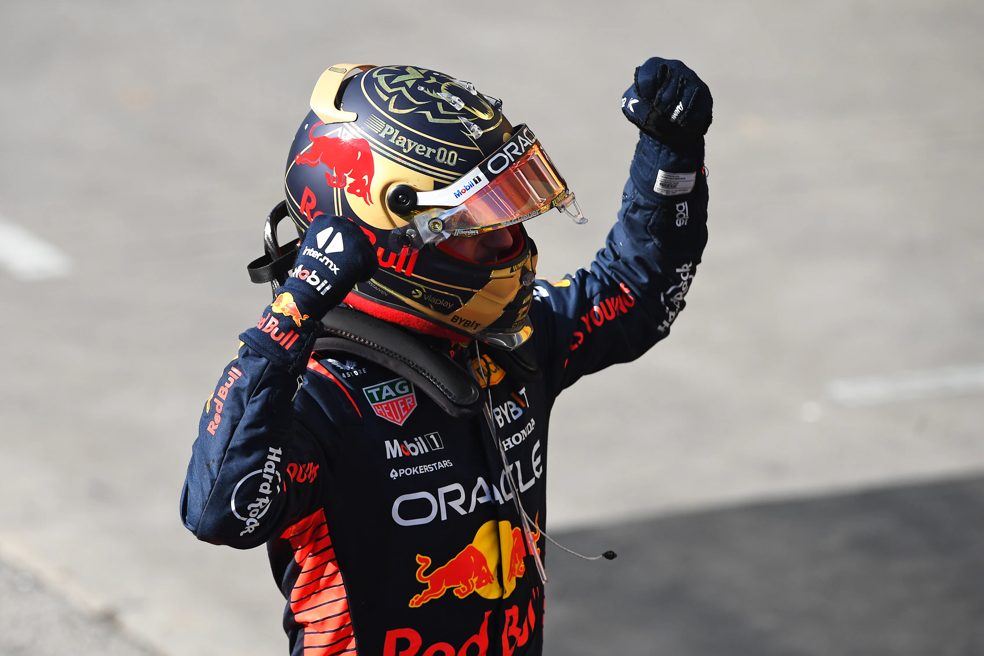 SAO PAULO, BRAZIL - NOVEMBER 05: Race winner Max Verstappen of the Netherlands and Oracle Red Bull Racing celebrates in parc ferme during the F1 Grand Prix of Brazil at Autodromo Jose Carlos Pace on November 05, 2023 in Sao Paulo, Brazil. (Photo by Rudy Carezzevoli/Getty Images)