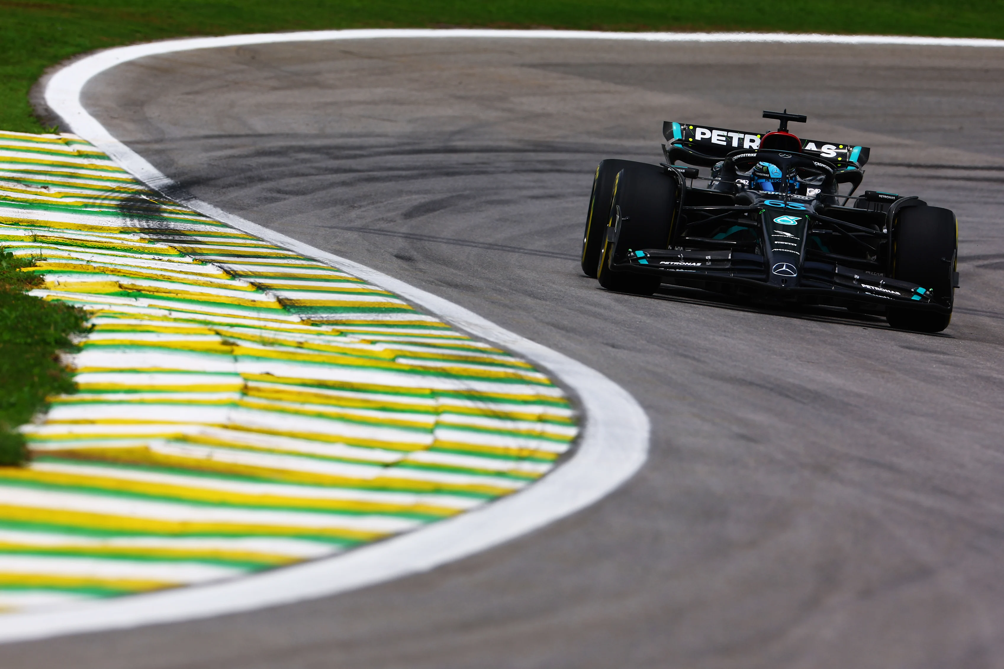 SAO PAULO, BRAZIL - NOVEMBER 03: George Russell of Great Britain driving the (63) Mercedes AMG