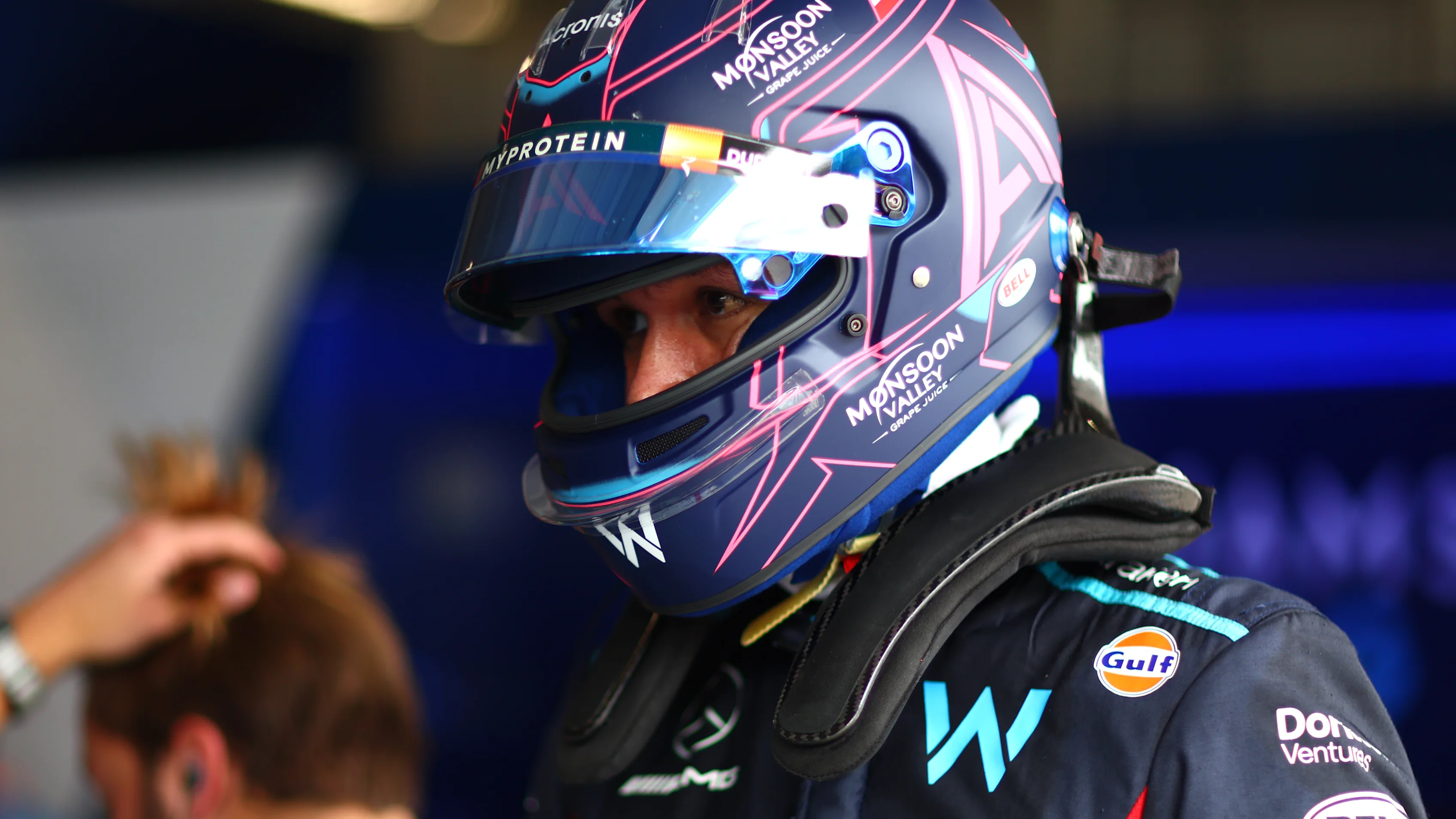 SAO PAULO, BRAZIL - NOVEMBER 03: Alexander Albon of Thailand and Williams looks on in the garage