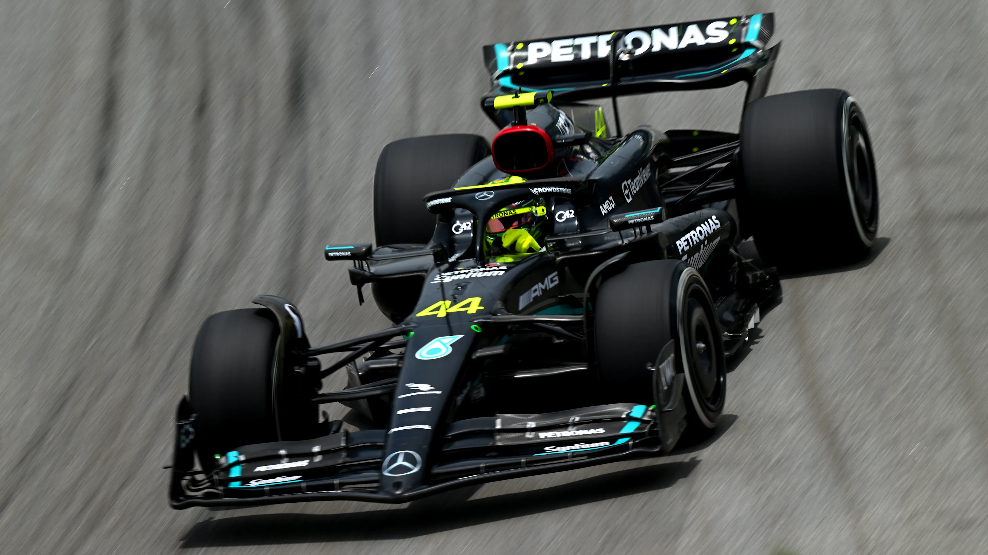 SAO PAULO, BRAZIL - NOVEMBER 03: Lewis Hamilton of Great Britain driving the (44) Mercedes AMG