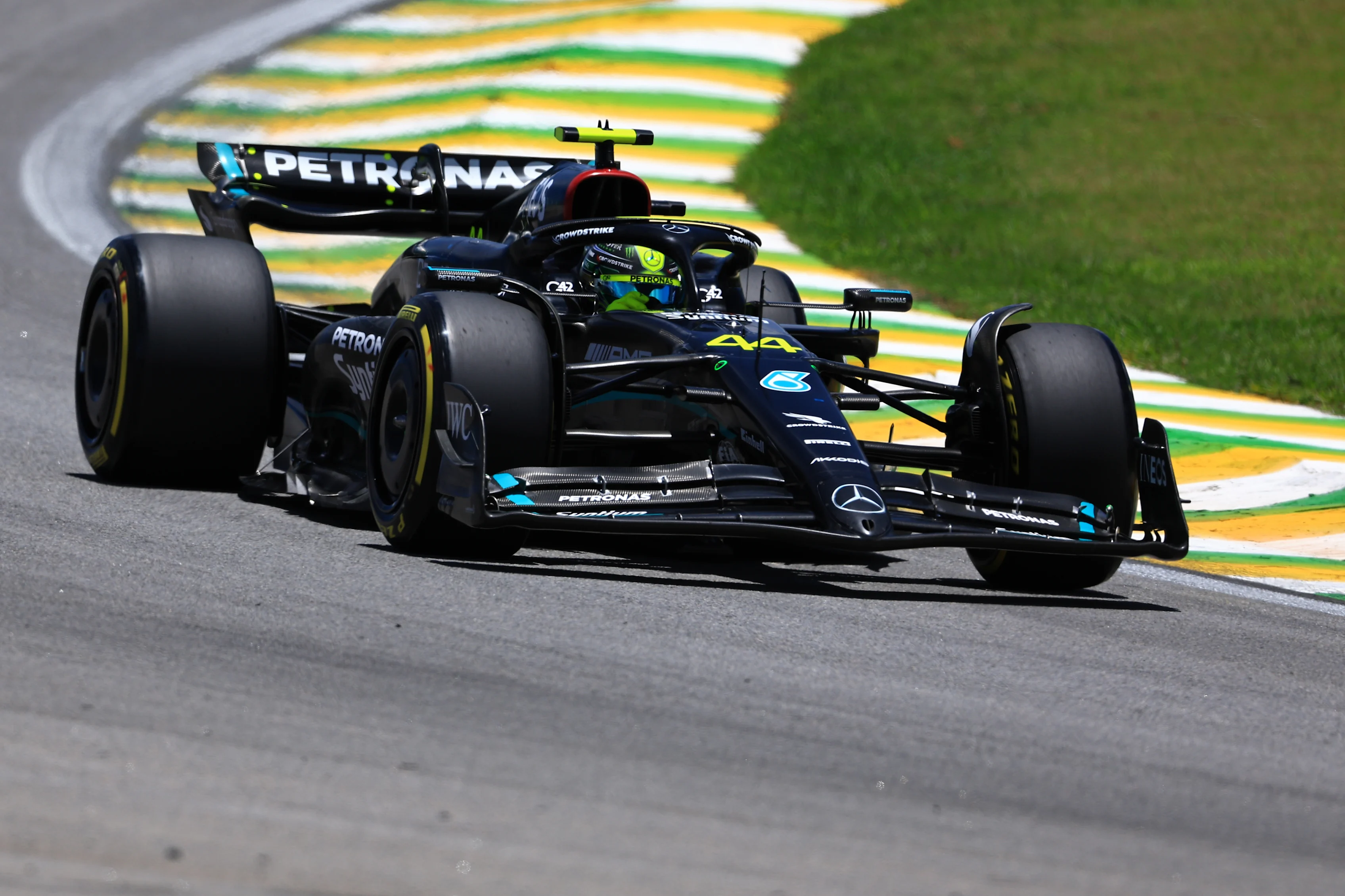 SAO PAULO, BRAZIL - NOVEMBER 04: Lewis Hamilton of Great Britain driving the (44) Mercedes AMG