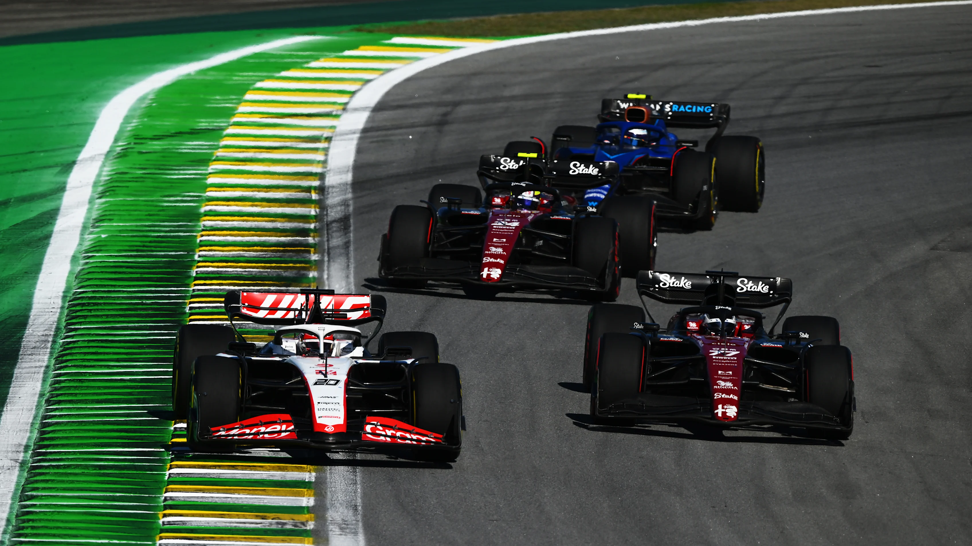 SAO PAULO, BRAZIL - NOVEMBER 04: Kevin Magnussen of Denmark driving the (20) Haas F1 VF-23 Ferrari
