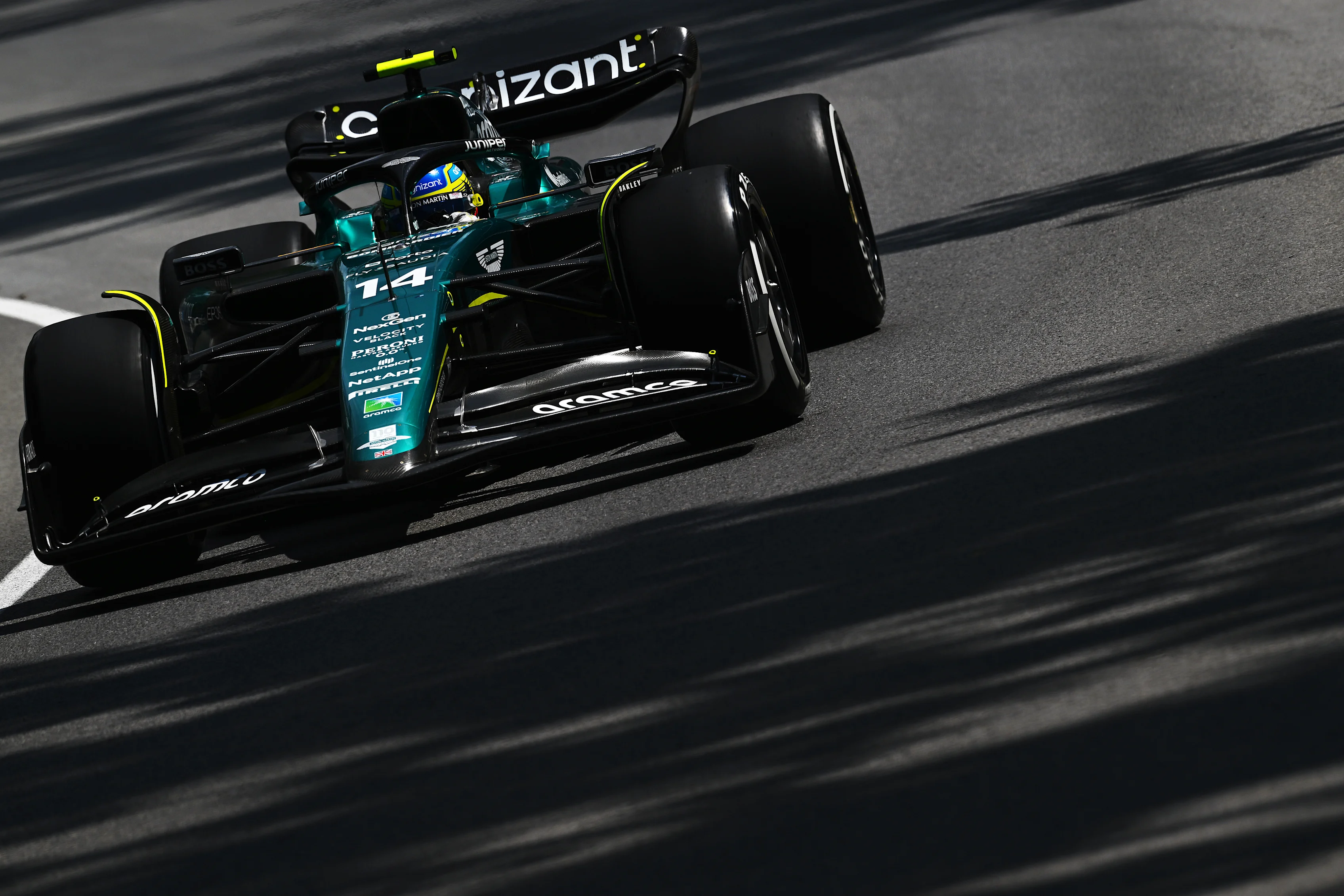 MONTREAL, QUEBEC - JUNE 18: Fernando Alonso of Spain driving the (14) Aston Martin AMR23 Mercedes
