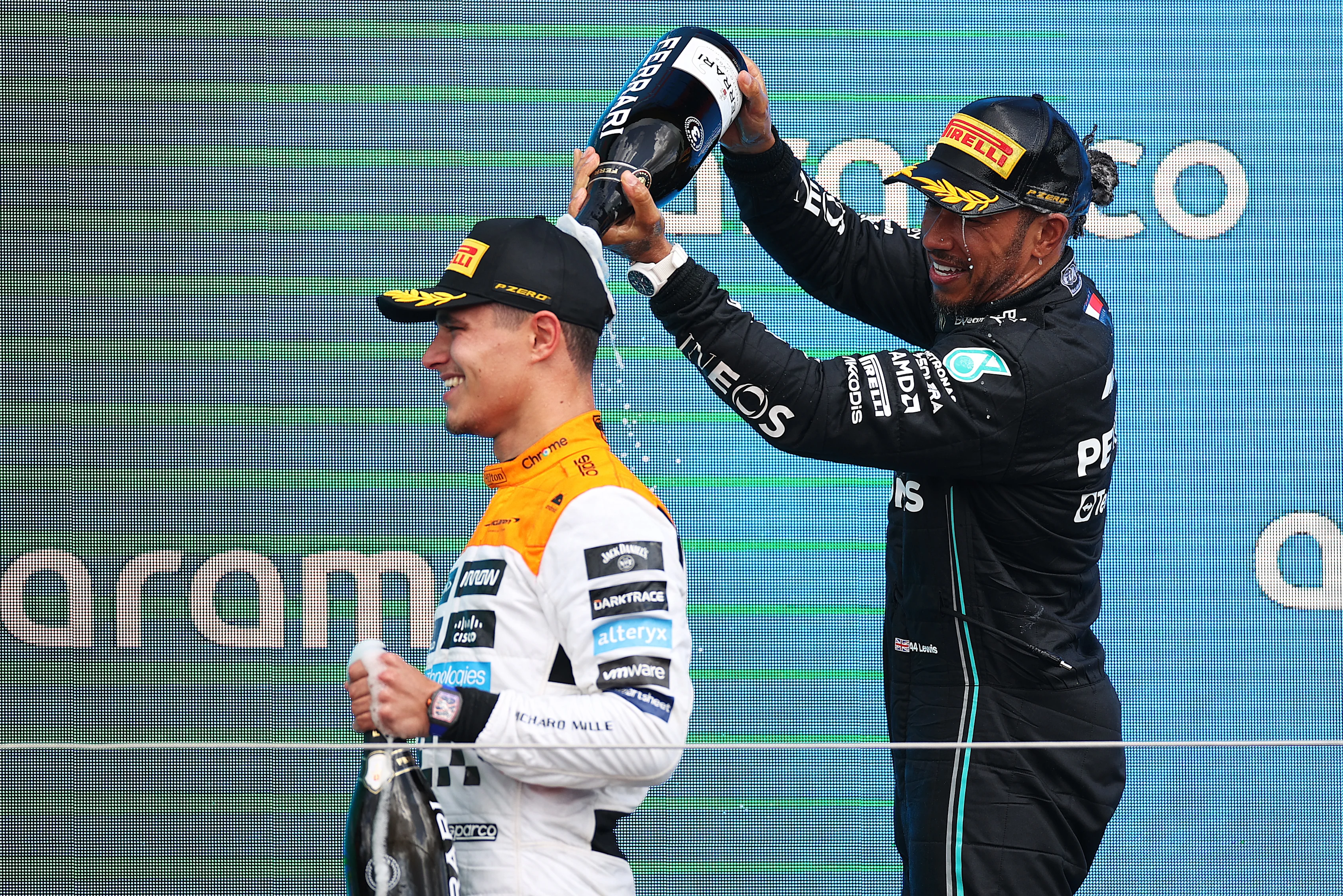 NORTHAMPTON, ENGLAND - JULY 09: Second placed Lando Norris of Great Britain and McLaren celebrates