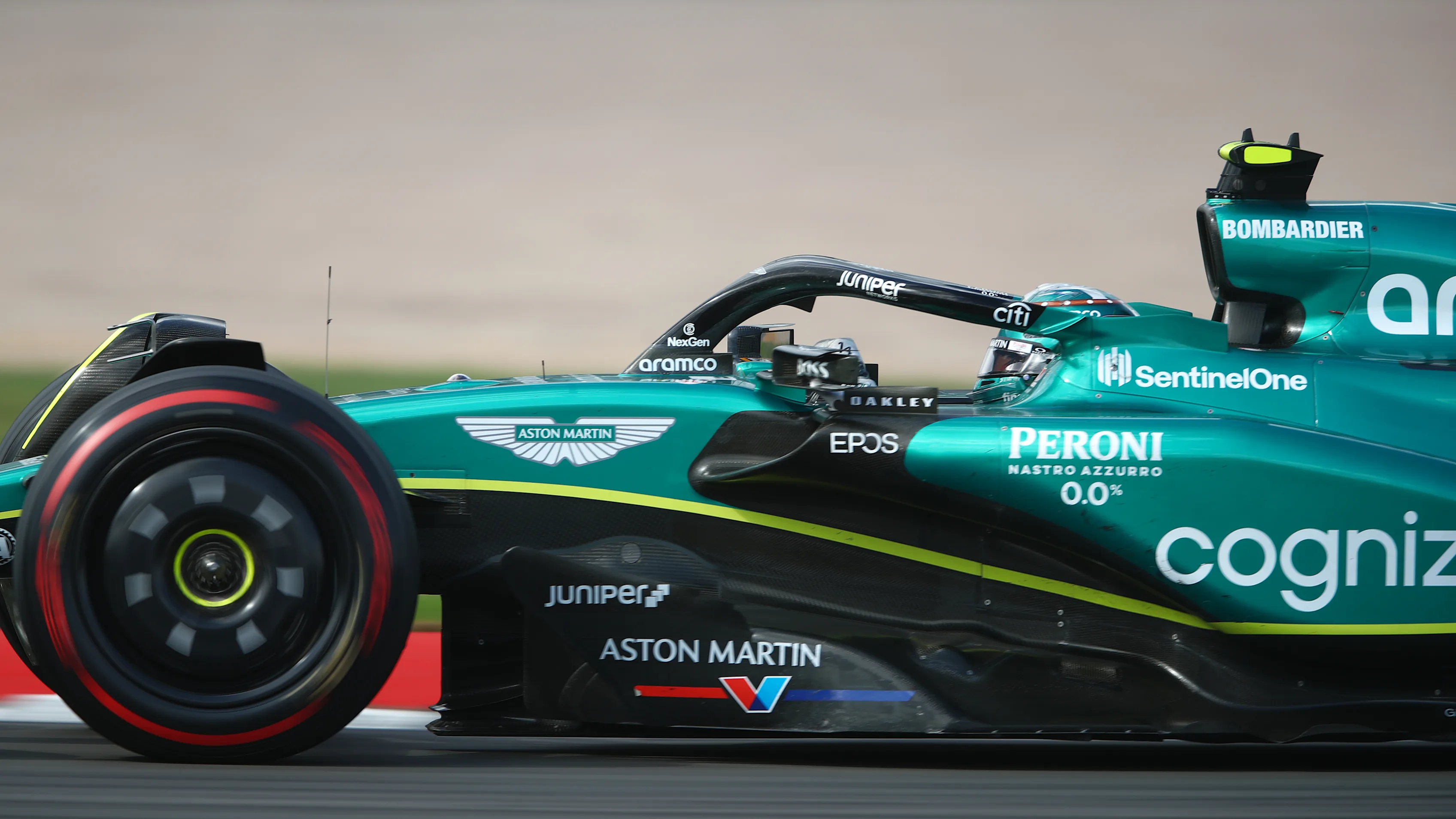 NORTHAMPTON, ENGLAND - JULY 09: Fernando Alonso of Spain driving the (14) Aston Martin AMR23