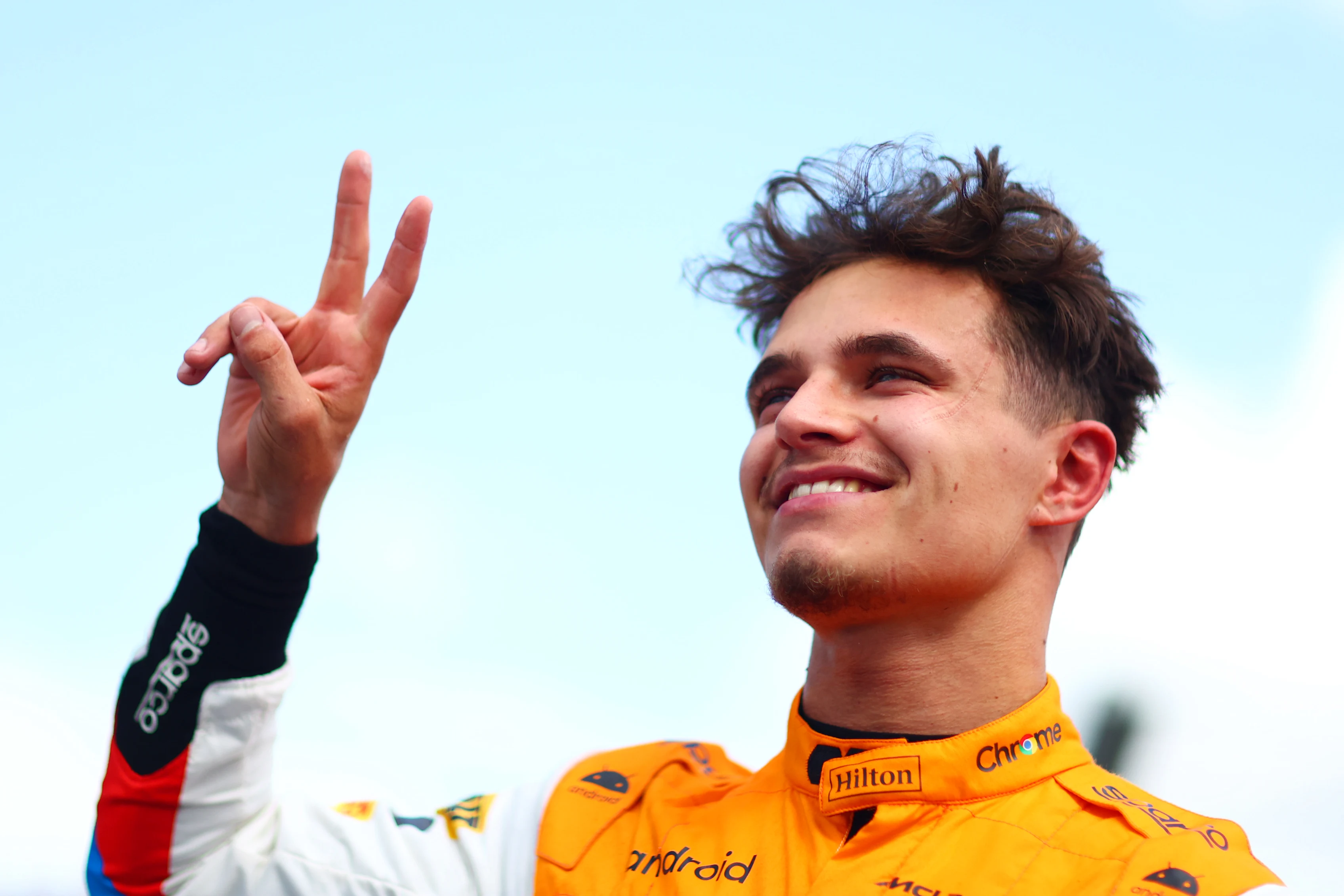 NORTHAMPTON, ENGLAND - JULY 09: Second placed Lando Norris of Great Britain celebrates in parc