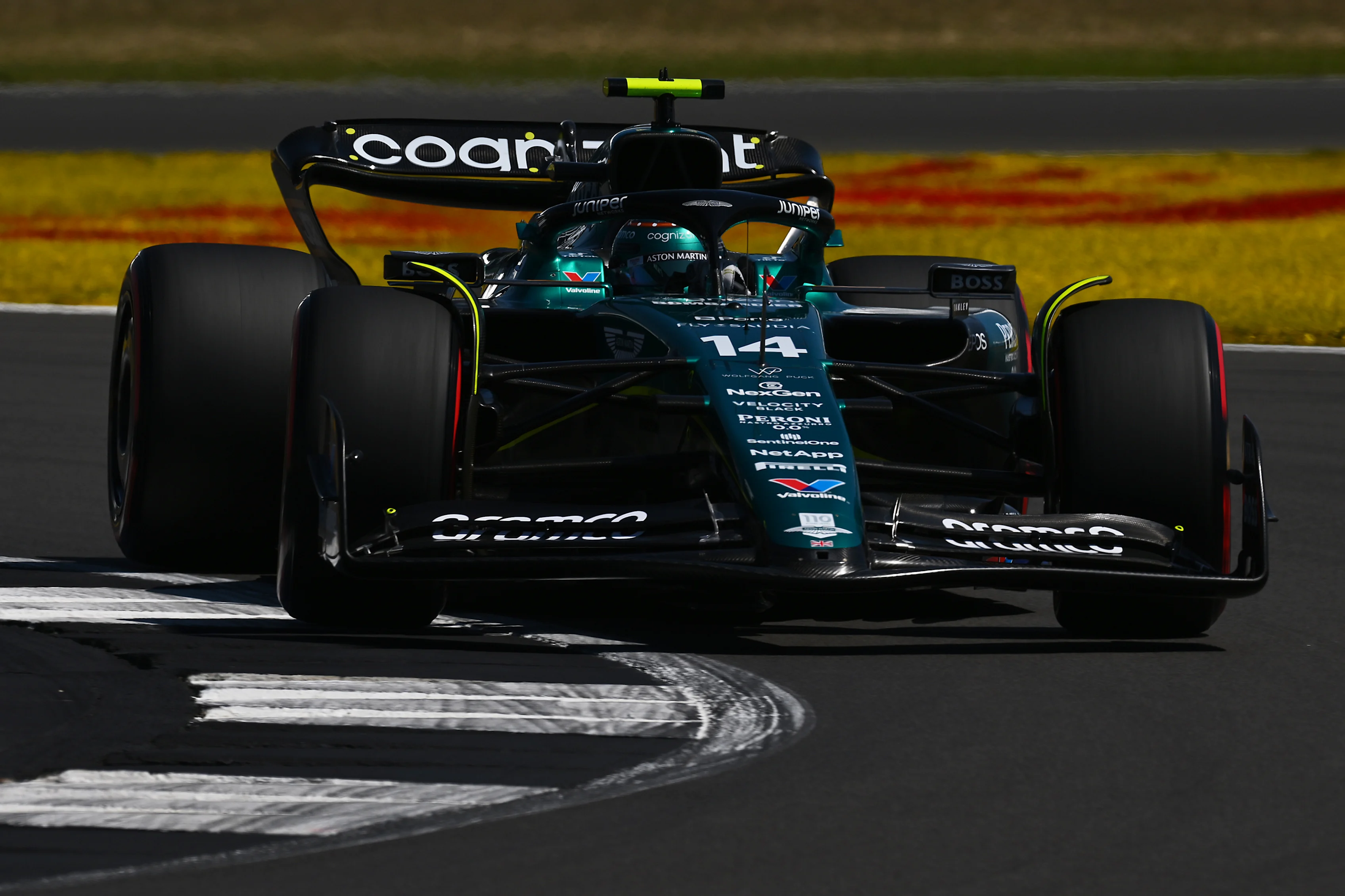 NORTHAMPTON, ENGLAND - JULY 07: Fernando Alonso of Spain driving the (14) Aston Martin AMR23