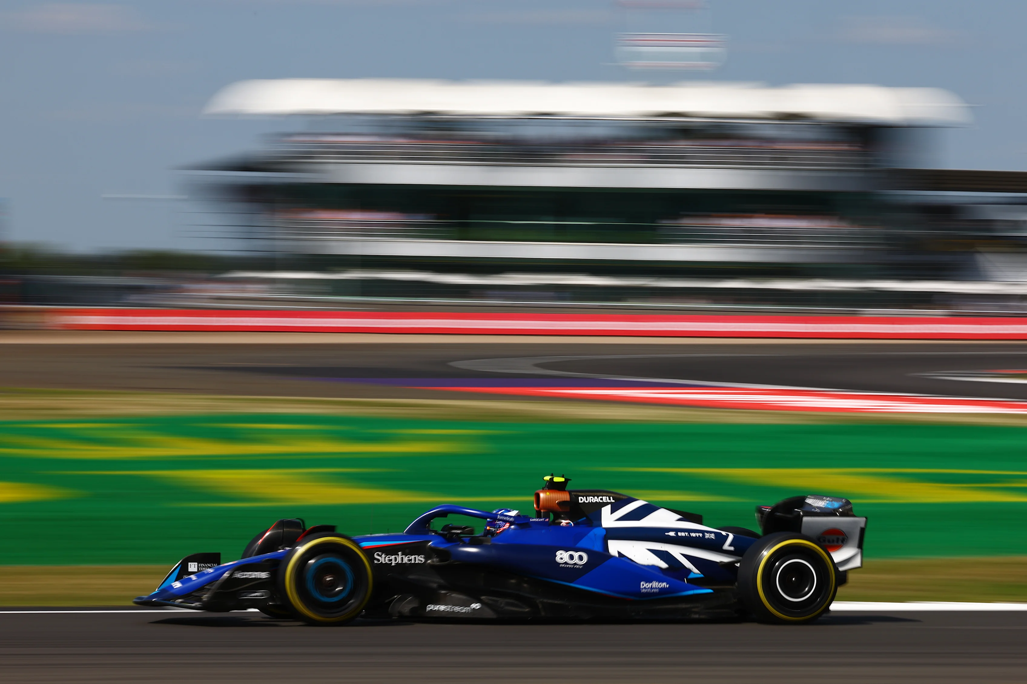 NORTHAMPTON, ENGLAND - JULY 07: Logan Sargeant of United States driving the (2) Williams FW45