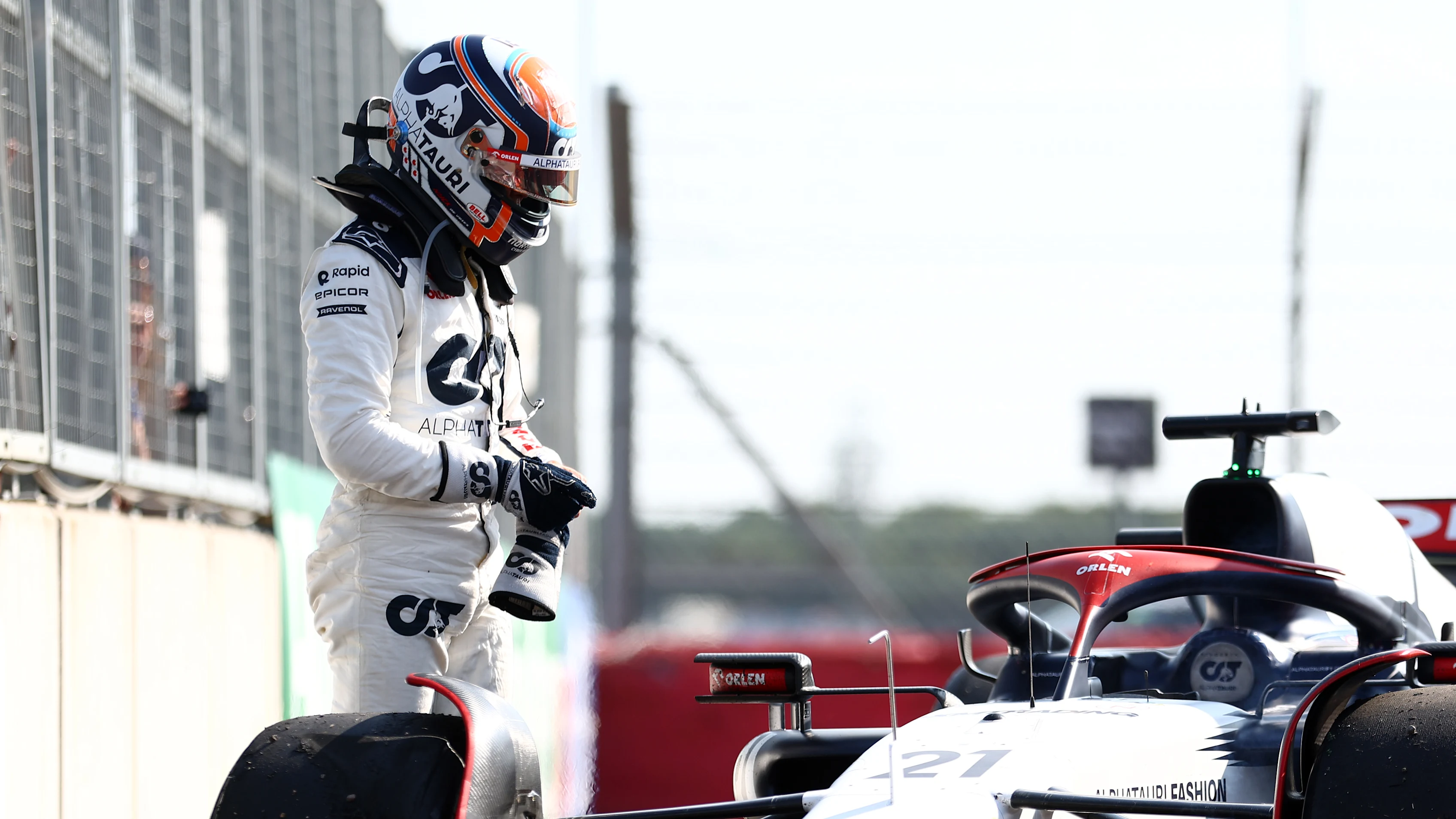 NORTHAMPTON, ENGLAND - JULY 07: Nyck de Vries of Netherlands and Scuderia AlphaTauri looks on after