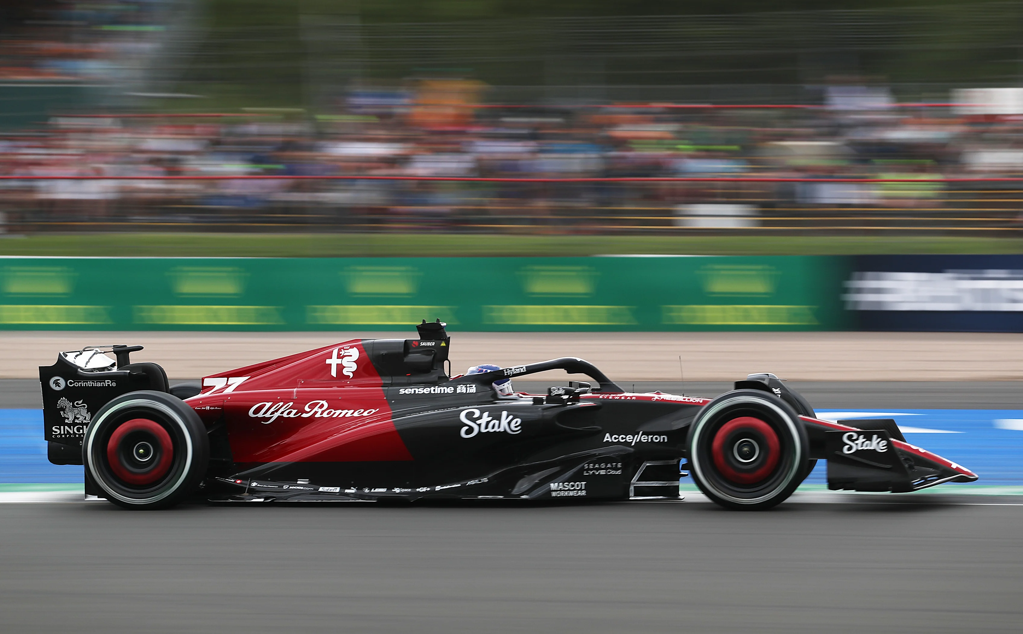 NORTHAMPTON, ENGLAND - JULY 08: Valtteri Bottas of Finland driving the (77) Alfa Romeo F1 C43