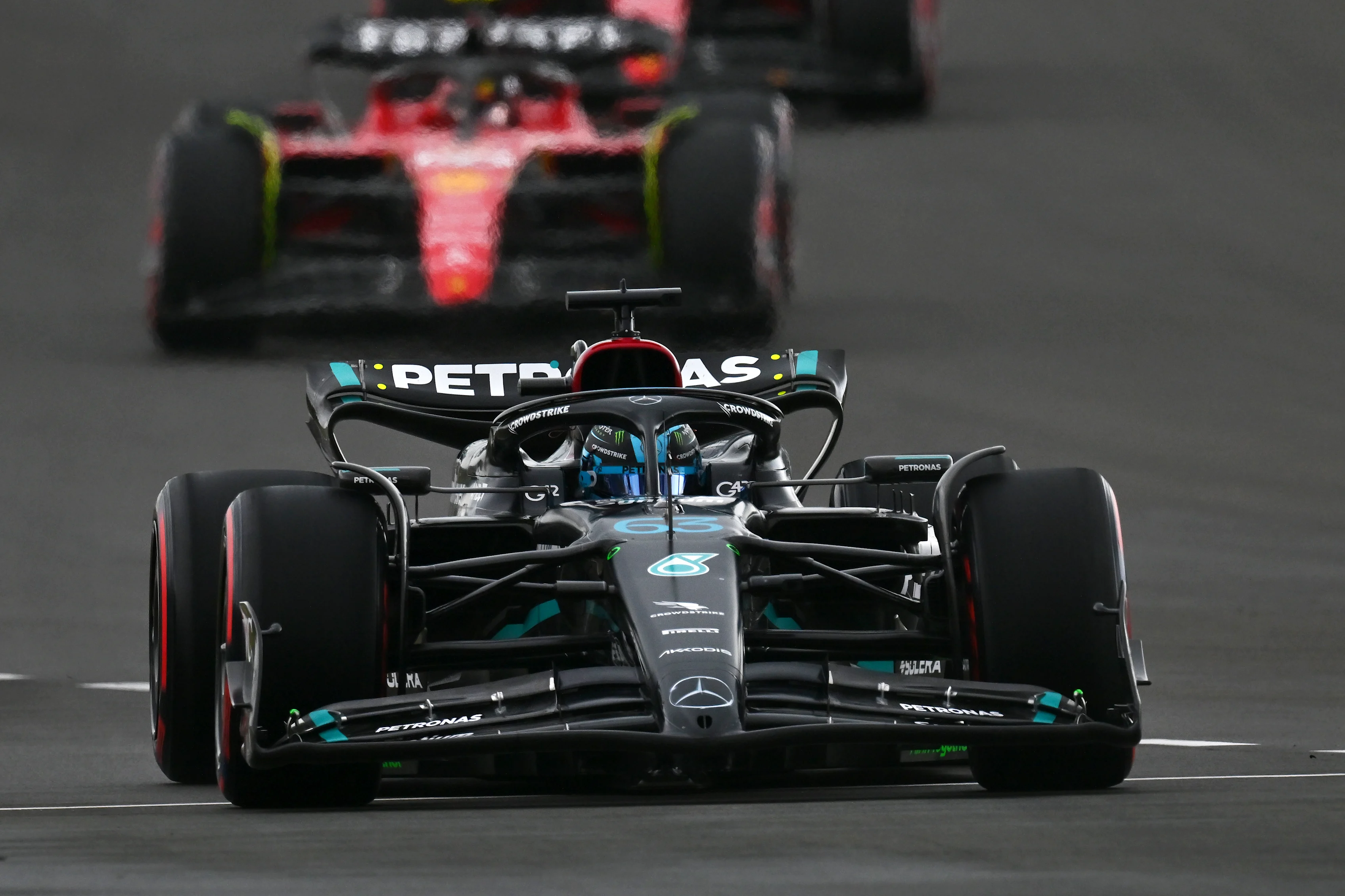NORTHAMPTON, ENGLAND - JULY 08: George Russell of Great Britain driving the (63) Mercedes AMG
