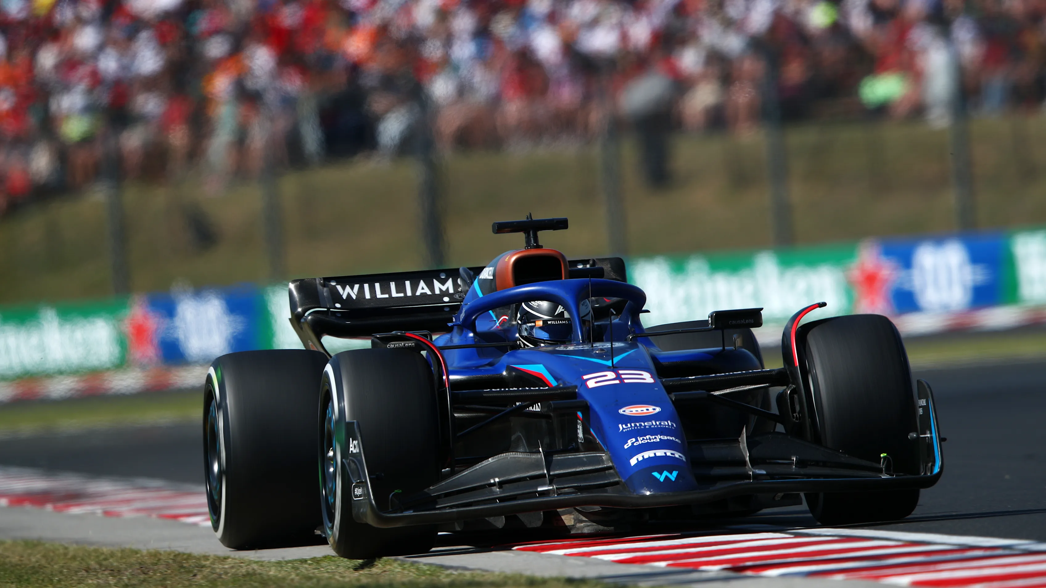 BUDAPEST, HUNGARY - JULY 23: Alexander Albon of Thailand driving the (23) Williams FW45 Mercedes on track during the F1 Grand Prix of Hungary at Hungaroring on July 23, 2023 in Budapest, Hungary. (Photo by Joe Portlock - Formula 1/Formula 1 via Getty Images)