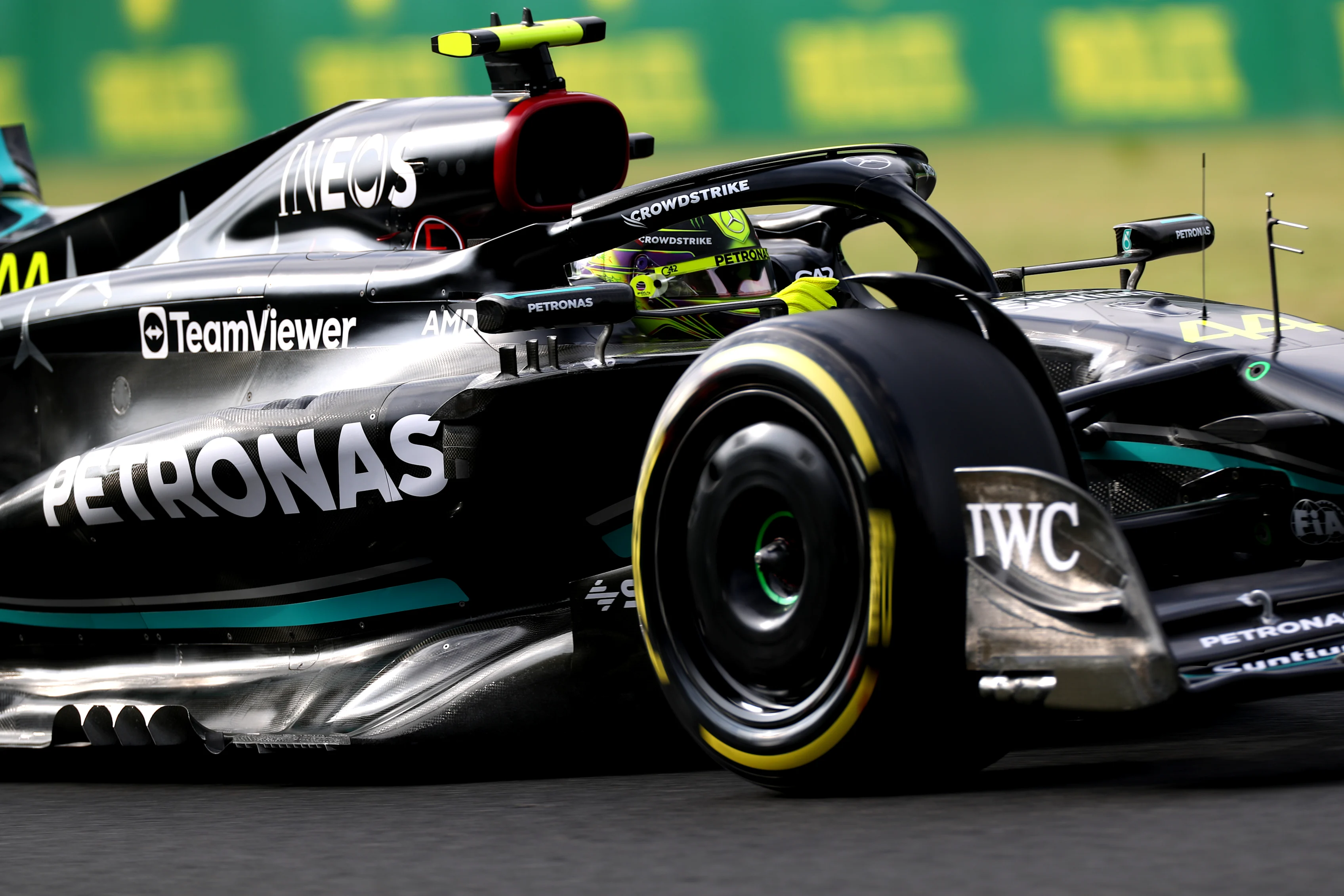BUDAPEST, HUNGARY - JULY 21: Lewis Hamilton of Great Britain driving the (44) Mercedes AMG Petronas F1 Team W14 on track during practice ahead of the F1 Grand Prix of Hungary at Hungaroring on July 21, 2023 in Budapest, Hungary. (Photo by Peter Fox/Getty Images)