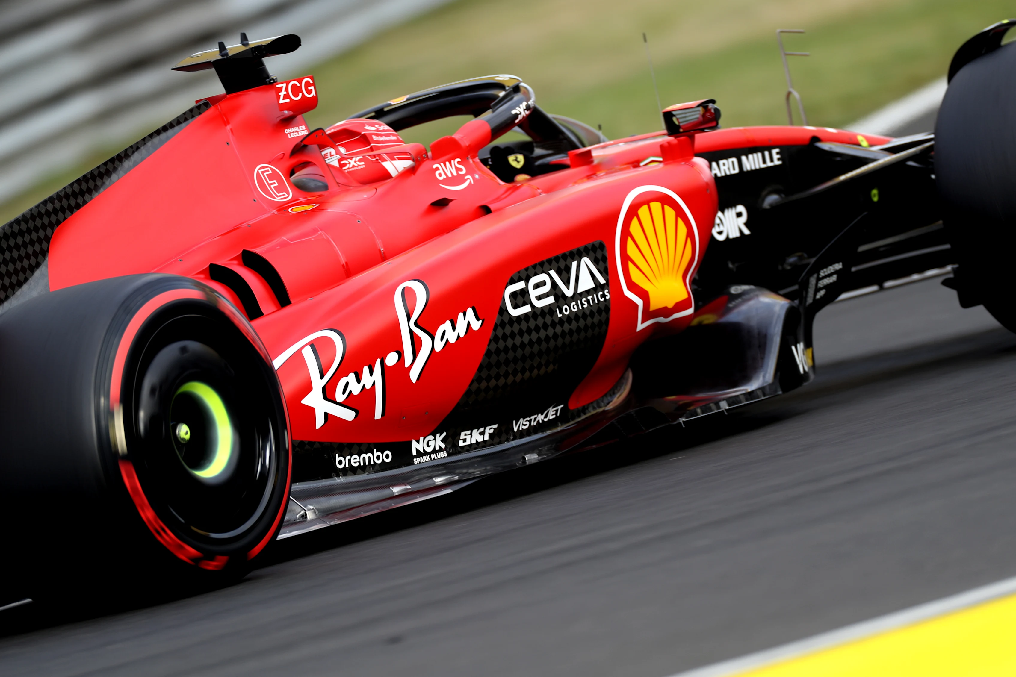 BUDAPEST, HUNGARY - JULY 21: Charles Leclerc of Monaco driving the (16) Ferrari SF-23 on track during practice ahead of the F1 Grand Prix of Hungary at Hungaroring on July 21, 2023 in Budapest, Hungary. (Photo by Peter Fox/Getty Images)