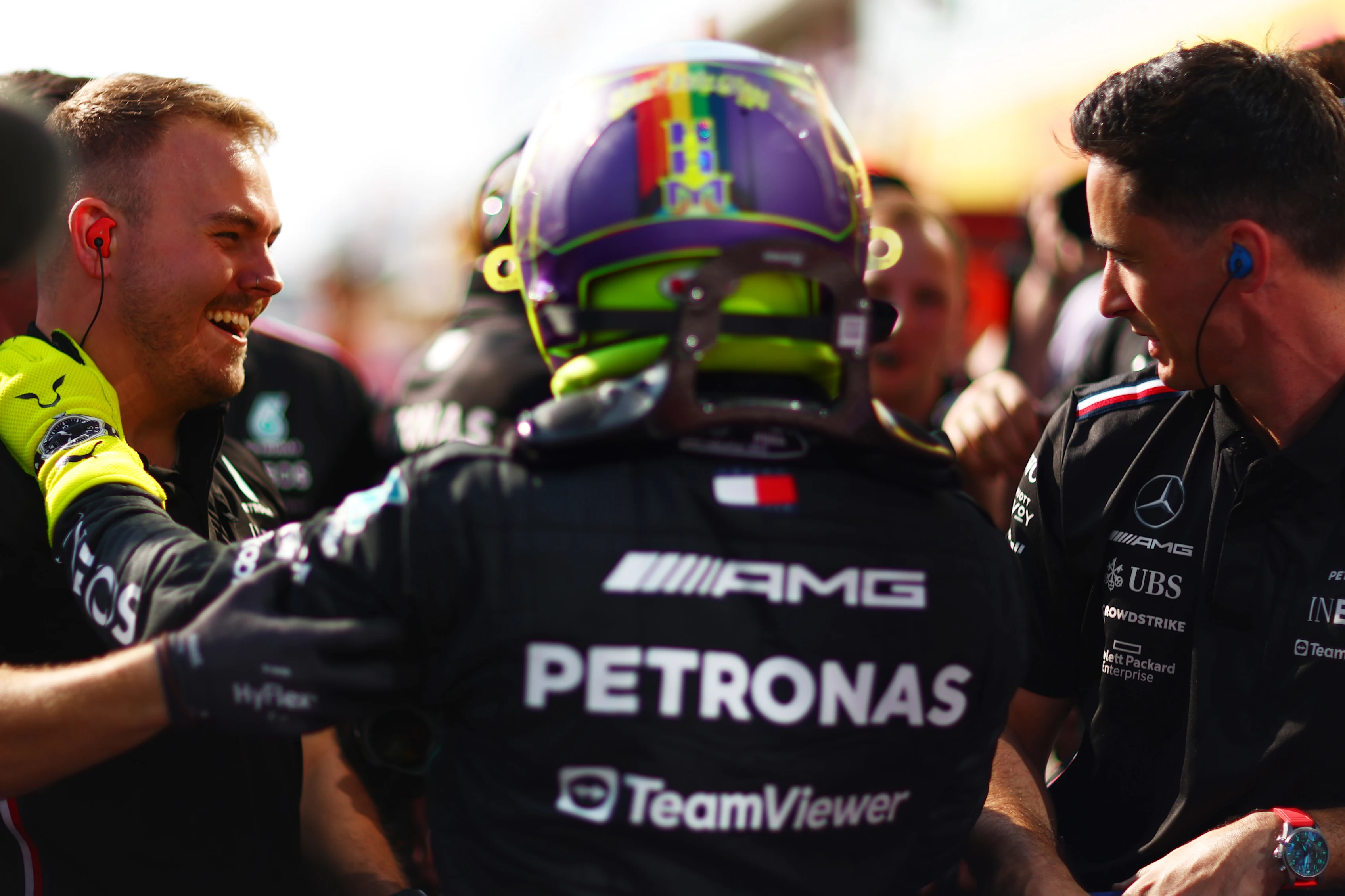 BUDAPEST, HUNGARY - JULY 22: Pole position qualifier Lewis Hamilton of Great Britain and Mercedes celebrates with his team in parc ferme during qualifying ahead of the F1 Grand Prix of Hungary at Hungaroring on July 22, 2023 in Budapest, Hungary. (Photo by Dan Istitene - Formula 1/Formula 1 via Getty Images)