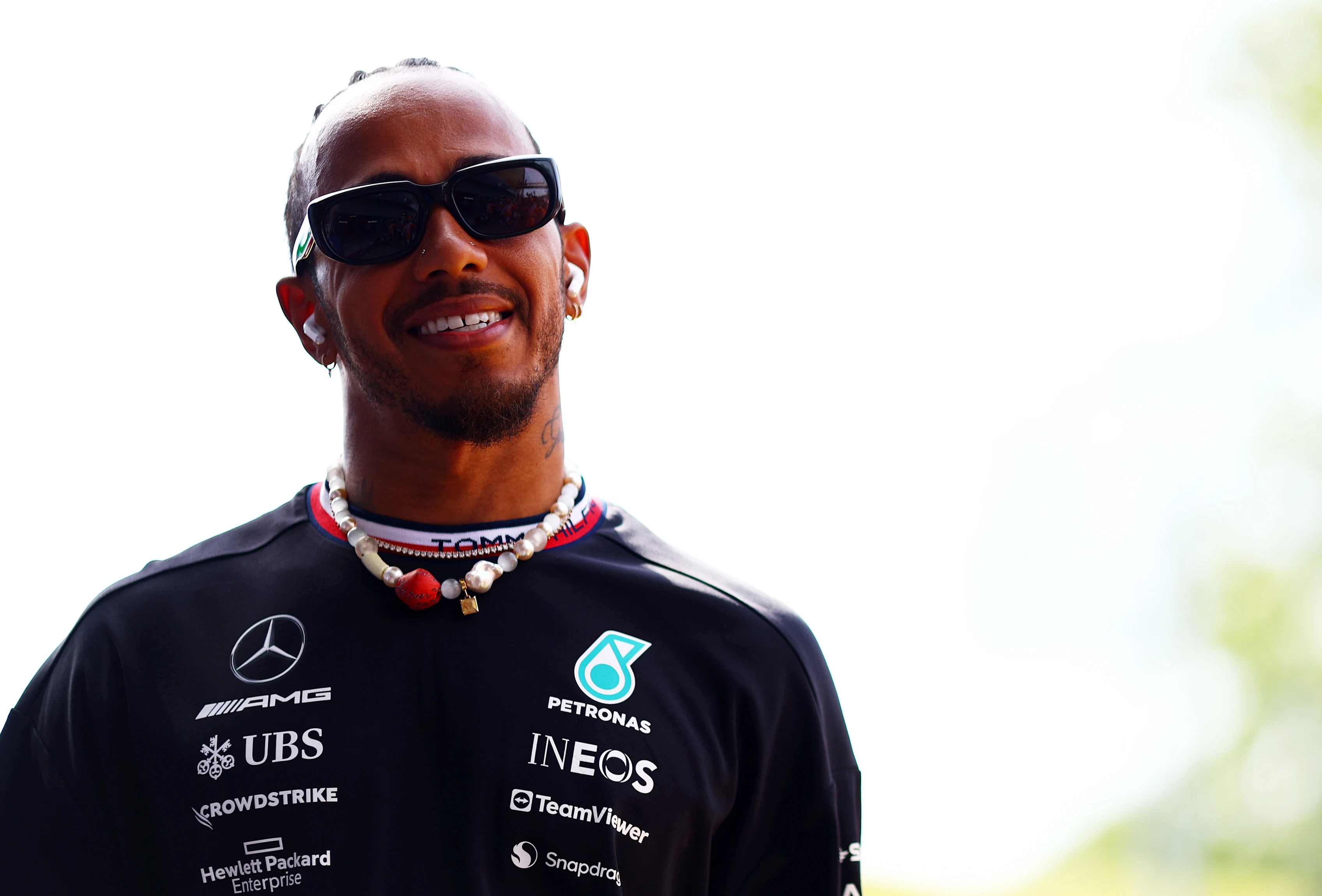 MONZA, ITALY - SEPTEMBER 03: Lewis Hamilton of Great Britain and Mercedes looks on from the drivers parade prior to the F1 Grand Prix of Italy at Autodromo Nazionale Monza on September 03, 2023 in Monza, Italy. (Photo by Mark Thompson/Getty Images)