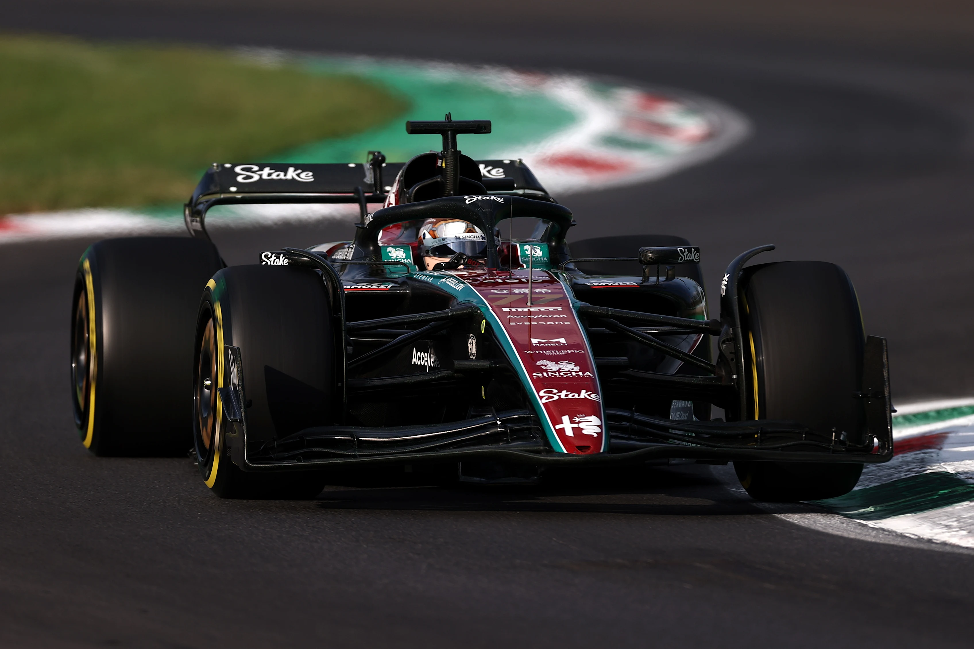 MONZA, ITALY - SEPTEMBER 01: Valtteri Bottas of Finland driving the (77) Alfa Romeo F1 C43 Ferrari on track during practice ahead of the F1 Grand Prix of Italy at Autodromo Nazionale Monza on September 01, 2023 in Monza, Italy. (Photo by Ryan Pierse/Getty Images)