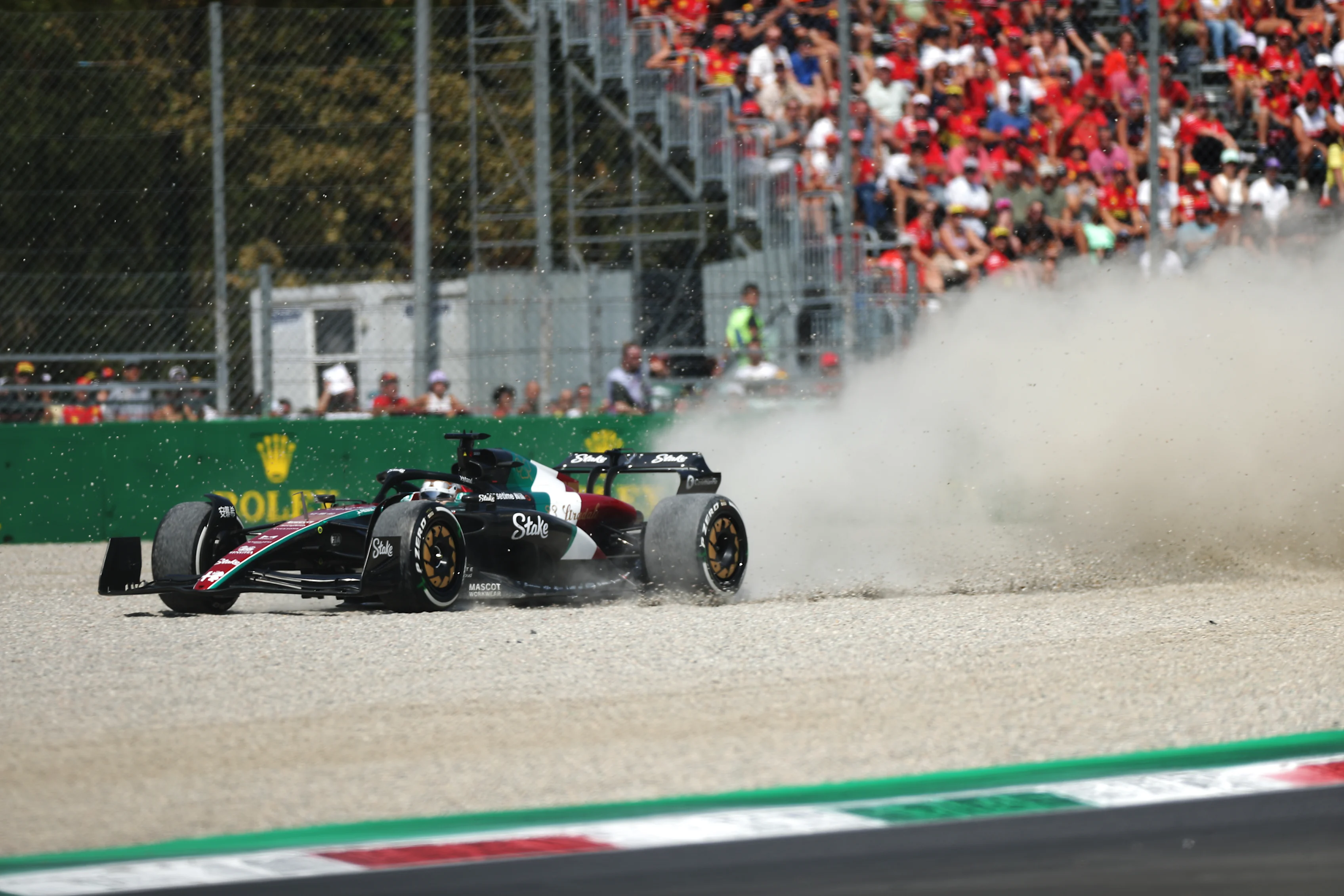 MONZA, ITALY - SEPTEMBER 02: Valtteri Bottas of Finland driving the (77) Alfa Romeo F1 C43 Ferrari runs wide during final practice ahead of the F1 Grand Prix of Italy at Autodromo Nazionale Monza on September 02, 2023 in Monza, Italy. (Photo by Peter Fox/Getty Images)