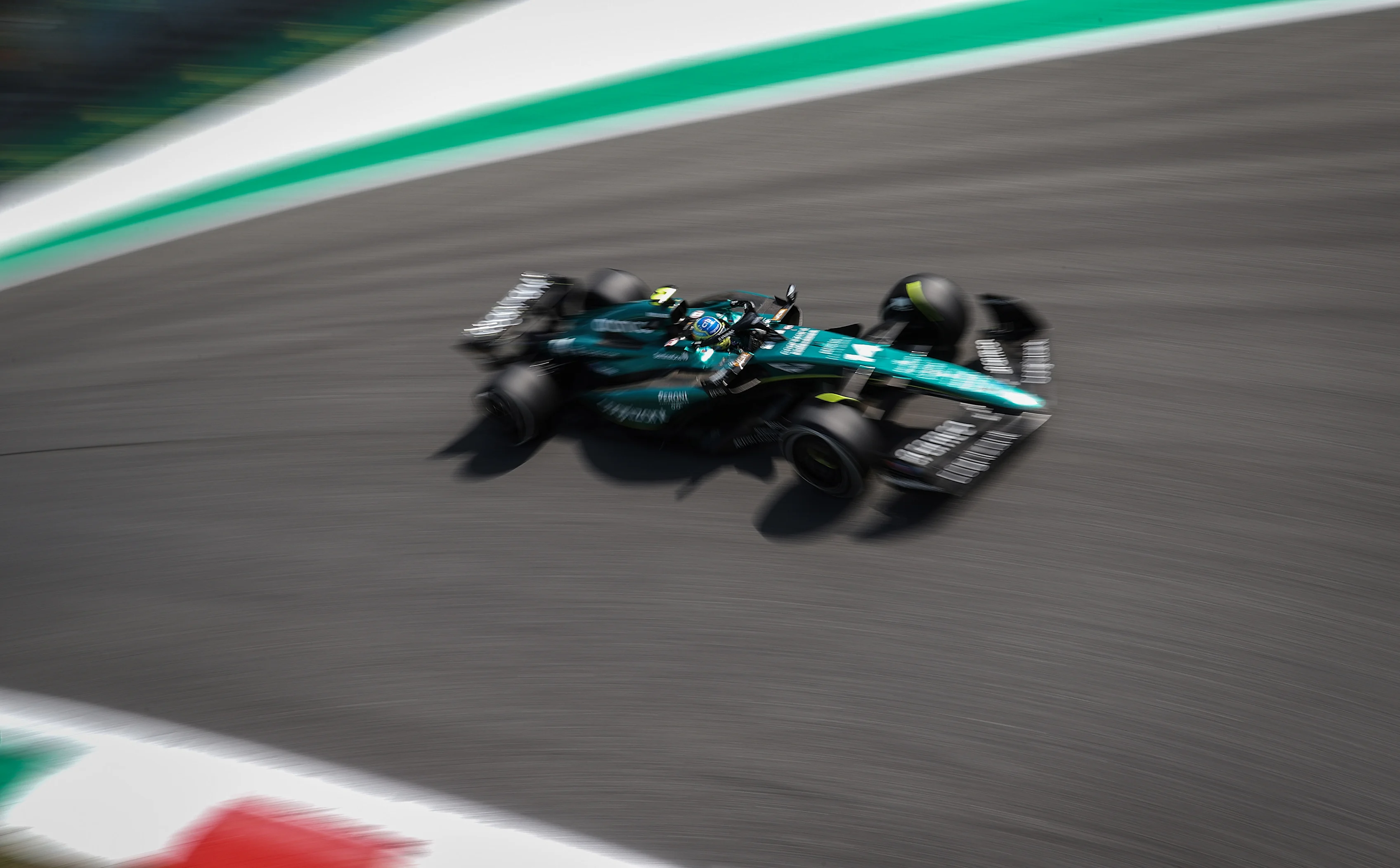 MONZA, ITALY - SEPTEMBER 02: Fernando Alonso of Spain driving the (14) Aston Martin AMR23 Mercedes on track during final practice ahead of the F1 Grand Prix of Italy at Autodromo Nazionale Monza on September 02, 2023 in Monza, Italy. (Photo by Ryan Pierse/Getty Images)