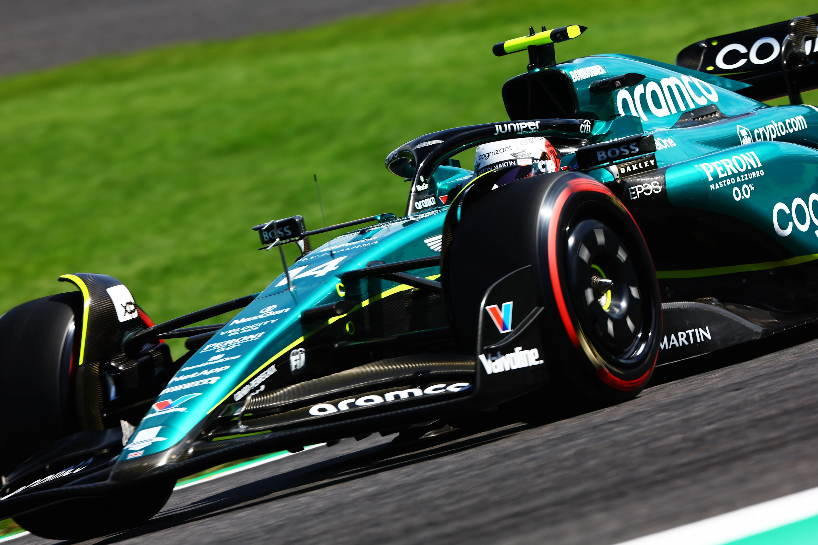 SUZUKA, JAPAN - SEPTEMBER 23: Fernando Alonso of Spain driving the (14) Aston Martin AMR23 Mercedes on track during final practice ahead of the F1 Grand Prix of Japan at Suzuka International Racing Course on September 23, 2023 in Suzuka, Japan. (Photo by Mark Thompson/Getty Images)