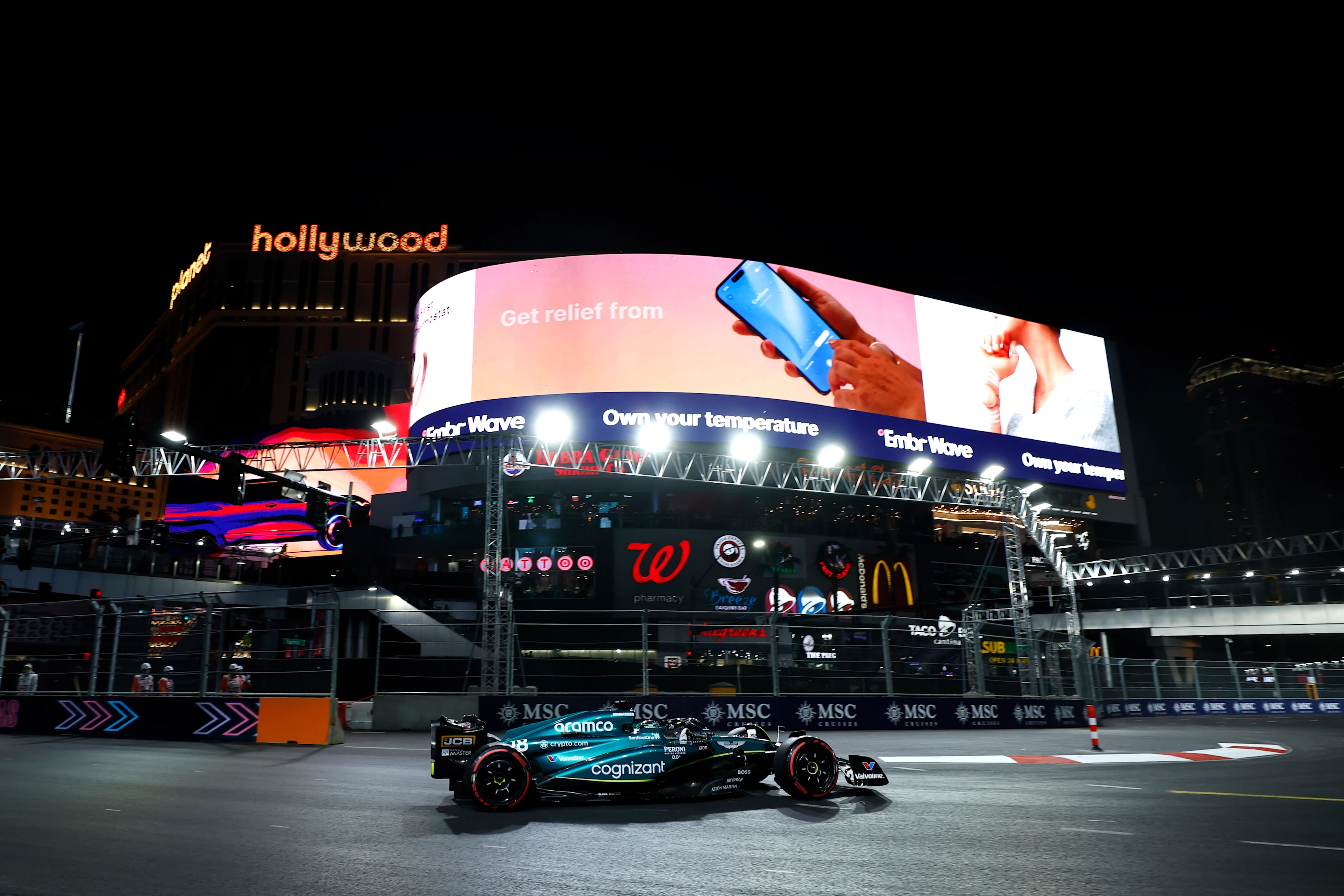 LAS VEGAS, NEVADA - NOVEMBER 16: Lance Stroll of Canada driving the (18) Aston Martin AMR23