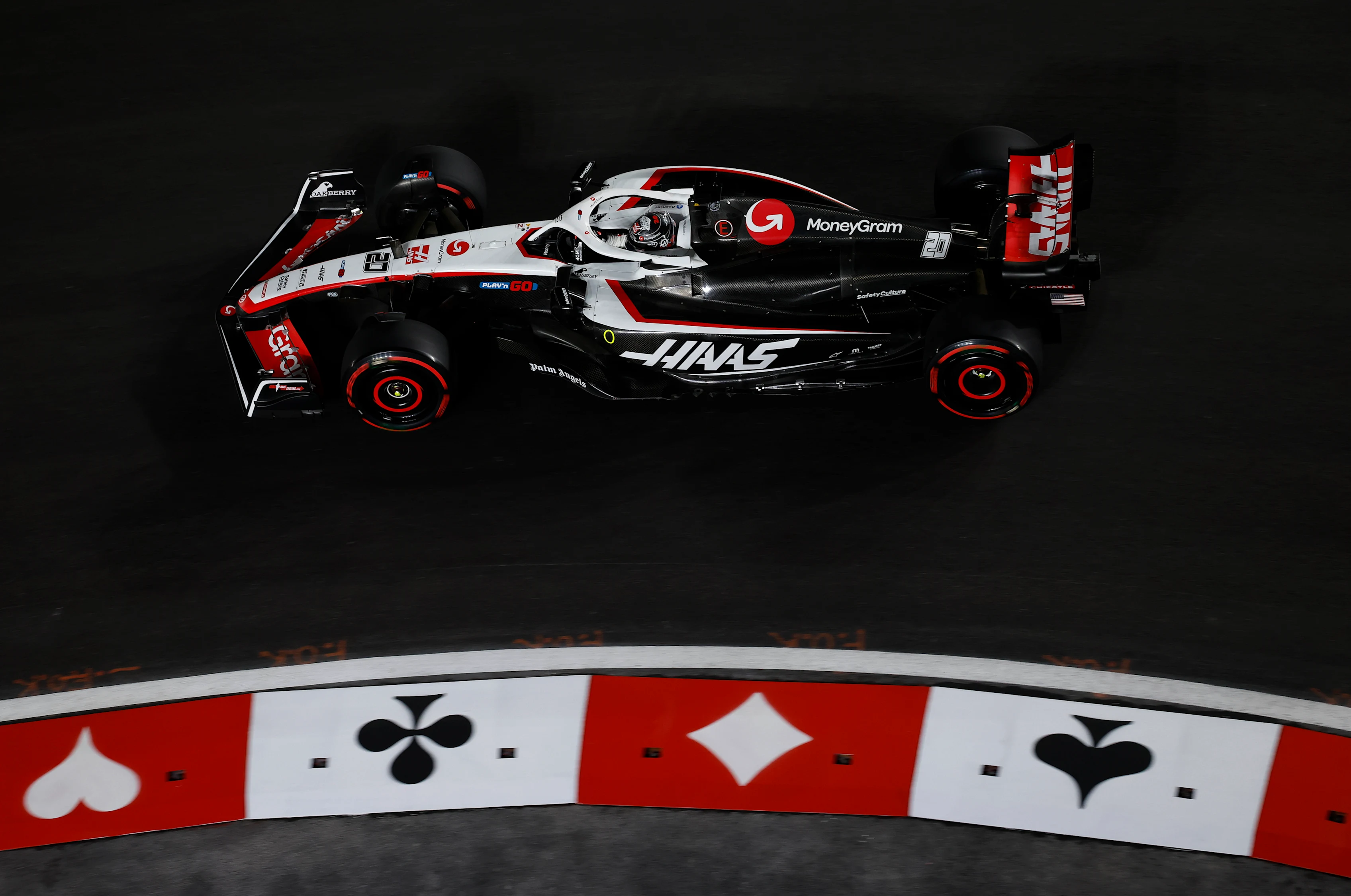 LAS VEGAS, NEVADA - NOVEMBER 17: Kevin Magnussen of Denmark driving the (20) Haas F1 VF-23 Ferrari