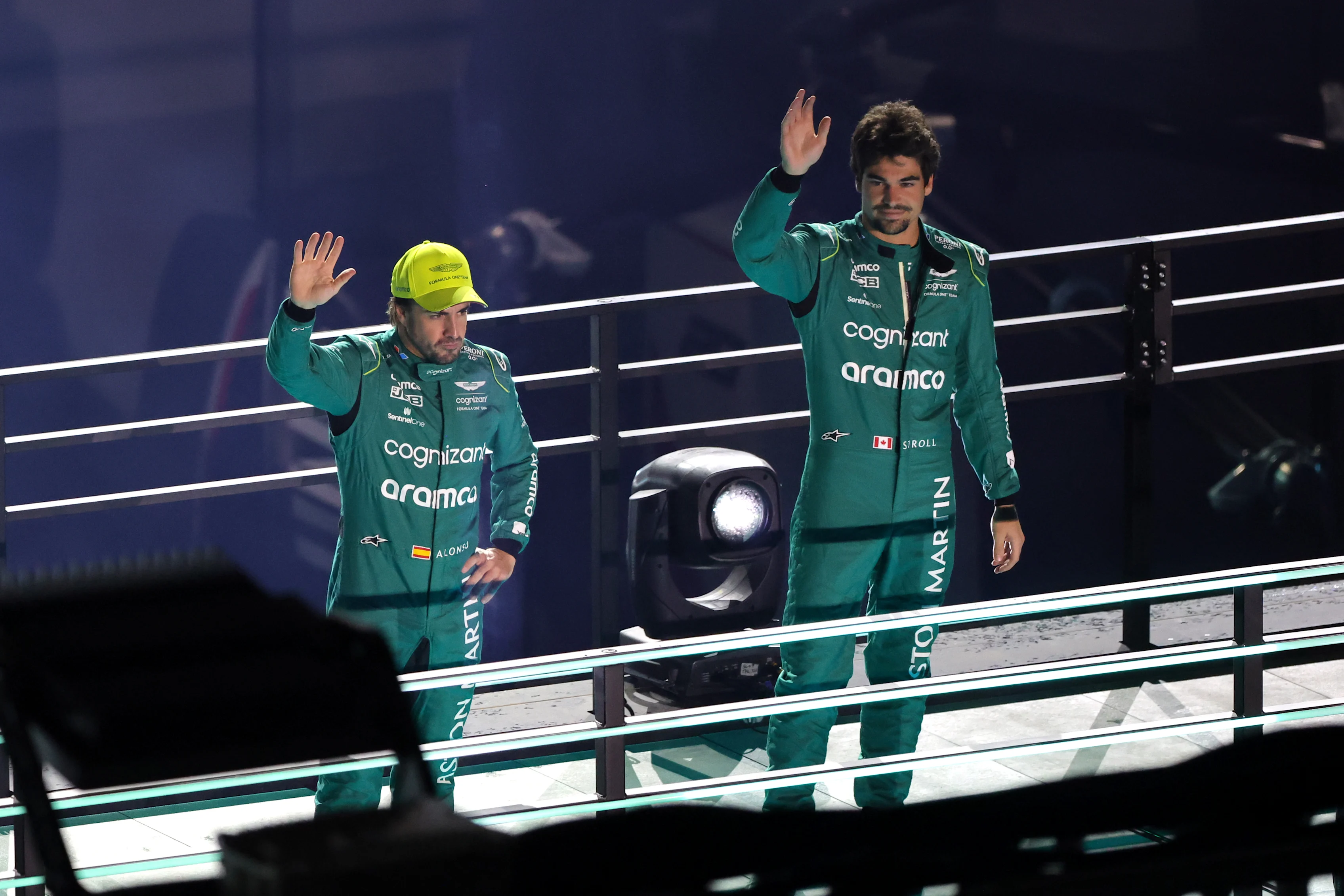 LAS VEGAS, NEVADA - NOVEMBER 15: Fernando Alonso of Spain and Aston Martin F1 Team and Lance Stroll