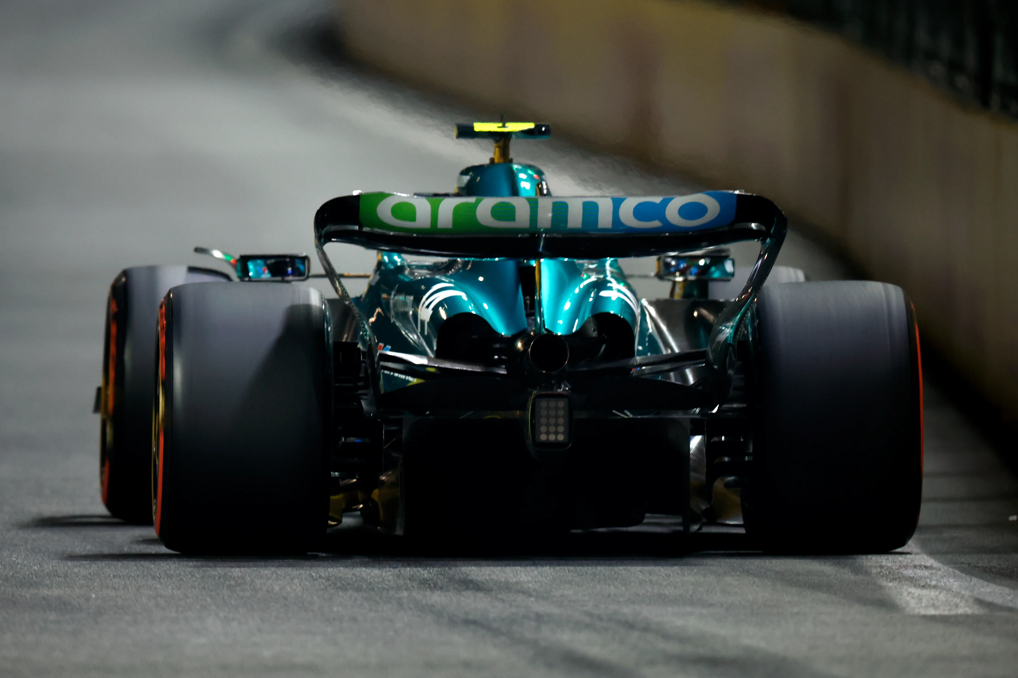 LAS VEGAS, NEVADA - NOVEMBER 18: Fernando Alonso of Spain driving the (14) Aston Martin AMR23 Mercedes on track during qualifying ahead of the F1 Grand Prix of Las Vegas at Las Vegas Strip Circuit on November 18, 2023 in Las Vegas, Nevada. (Photo by Chris Graythen/Getty Images)