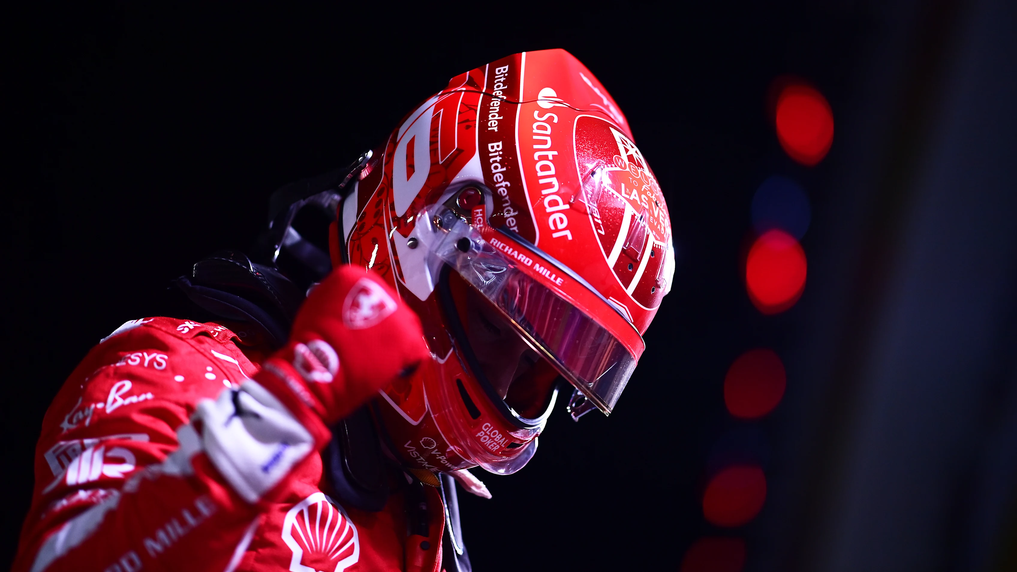 LAS VEGAS, NEVADA - NOVEMBER 18: Pole position qualifier Charles Leclerc of Monaco and Ferrari celebrates in parc ferme during qualifying ahead of the F1 Grand Prix of Las Vegas at Las Vegas Strip Circuit on November 18, 2023 in Las Vegas, Nevada. (Photo by Mario Renzi - Formula 1/Formula 1 via Getty Images)
