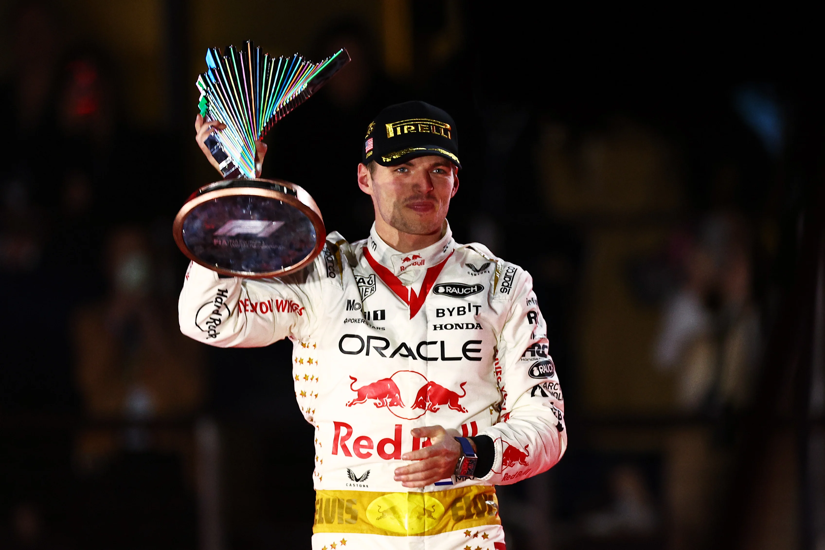 LAS VEGAS, NEVADA - NOVEMBER 18: Race winner Max Verstappen of the Netherlands and Oracle Red Bull