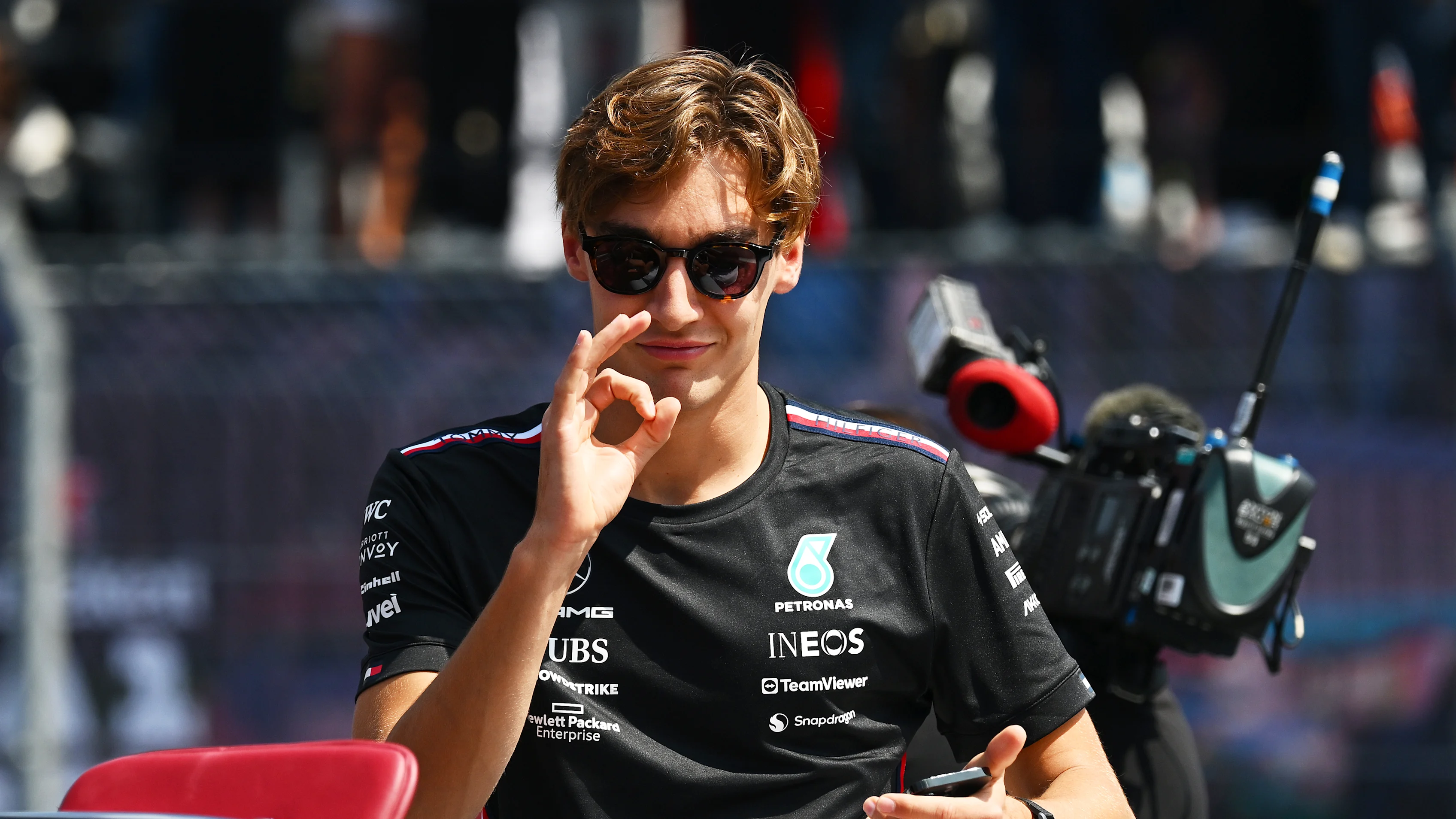 MEXICO CITY, MEXICO - OCTOBER 29: George Russell of Great Britain and Mercedes looks on from the