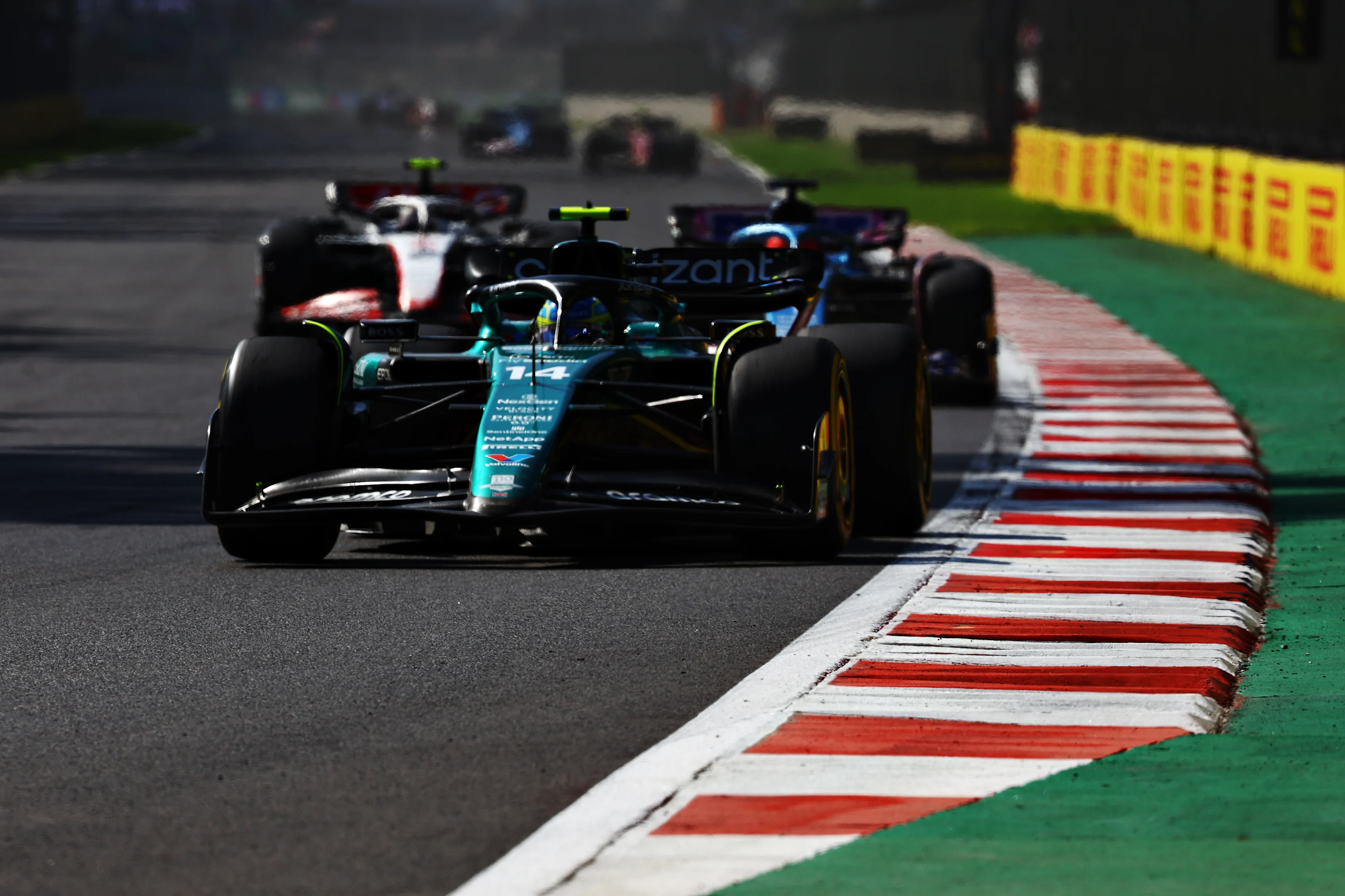 MEXICO CITY, MEXICO - OCTOBER 29: Fernando Alonso of Spain driving the (14) Aston Martin AMR23 Mercedes on track during the F1 Grand Prix of Mexico at Autodromo Hermanos Rodriguez on October 29, 2023 in Mexico City, Mexico. (Photo by Mark Thompson/Getty Images)