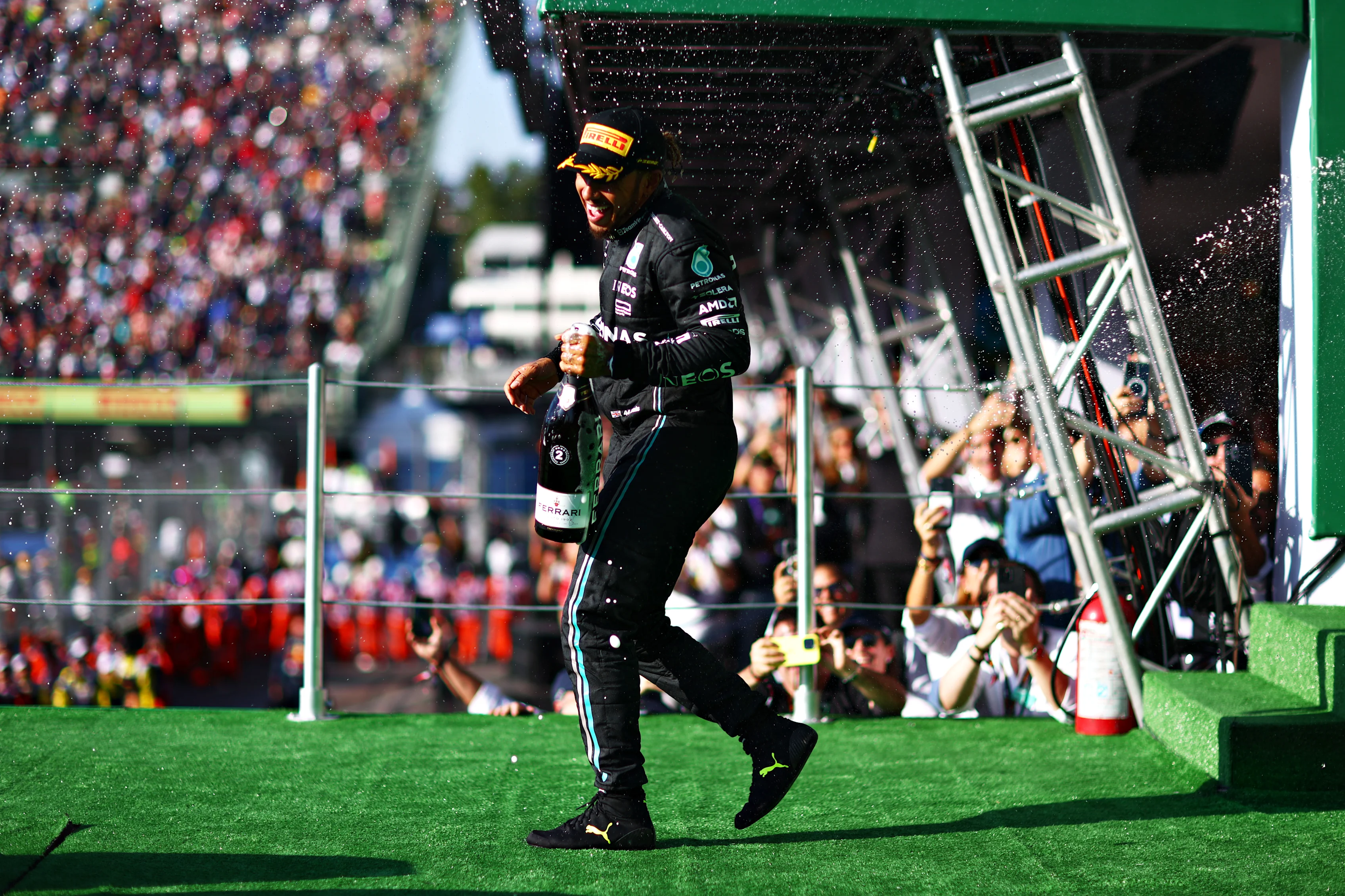 MEXICO CITY, MEXICO - OCTOBER 29: Second placed Lewis Hamilton of Great Britain and Mercedes celebrates on the podium after the F1 Grand Prix of Mexico at Autodromo Hermanos Rodriguez on October 29, 2023 in Mexico City, Mexico. (Photo by Dan Istitene - Formula 1/Formula 1 via Getty Images)