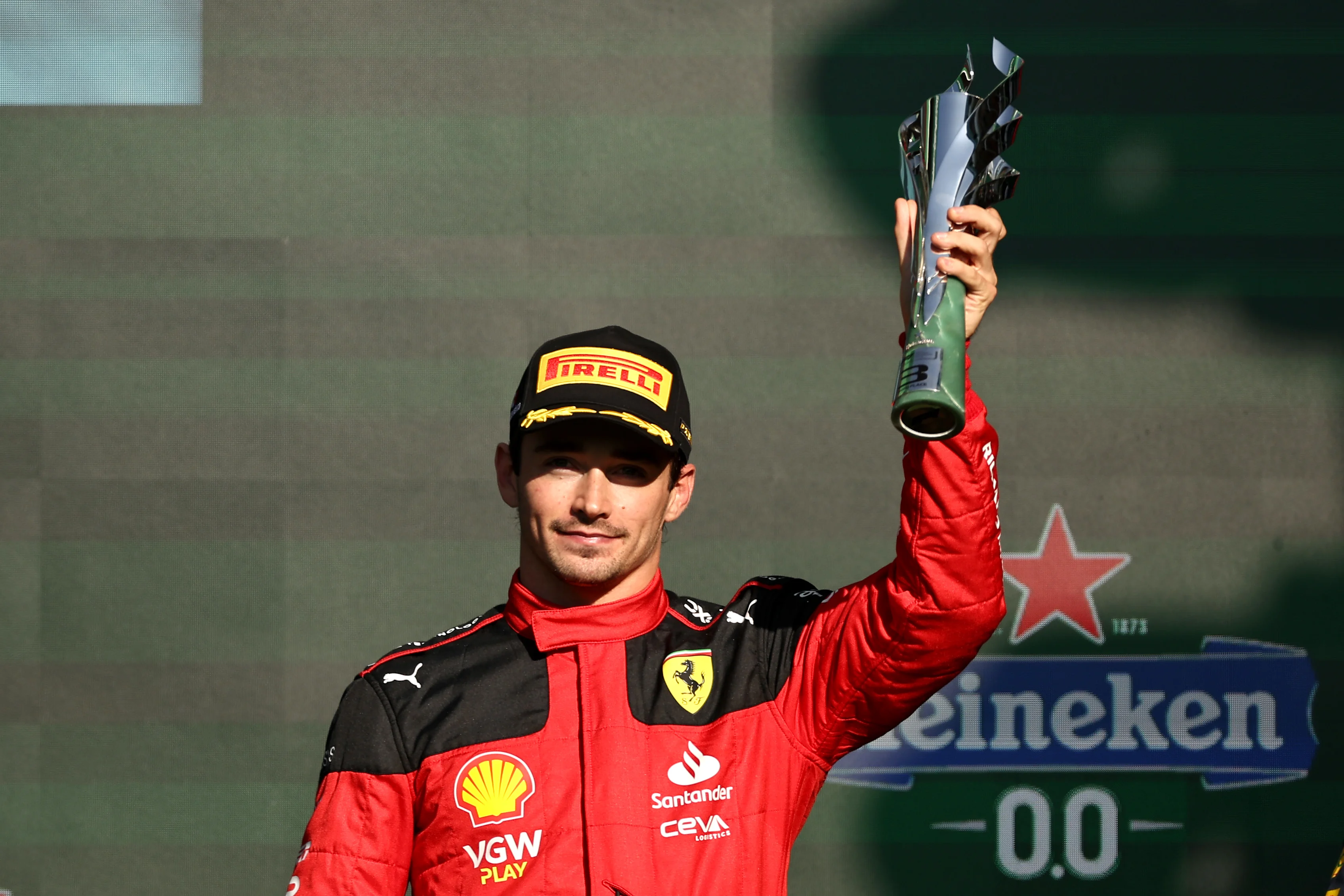 MEXICO CITY, MEXICO - OCTOBER 29: Third placed Charles Leclerc of Monaco and Ferrari celebrates on