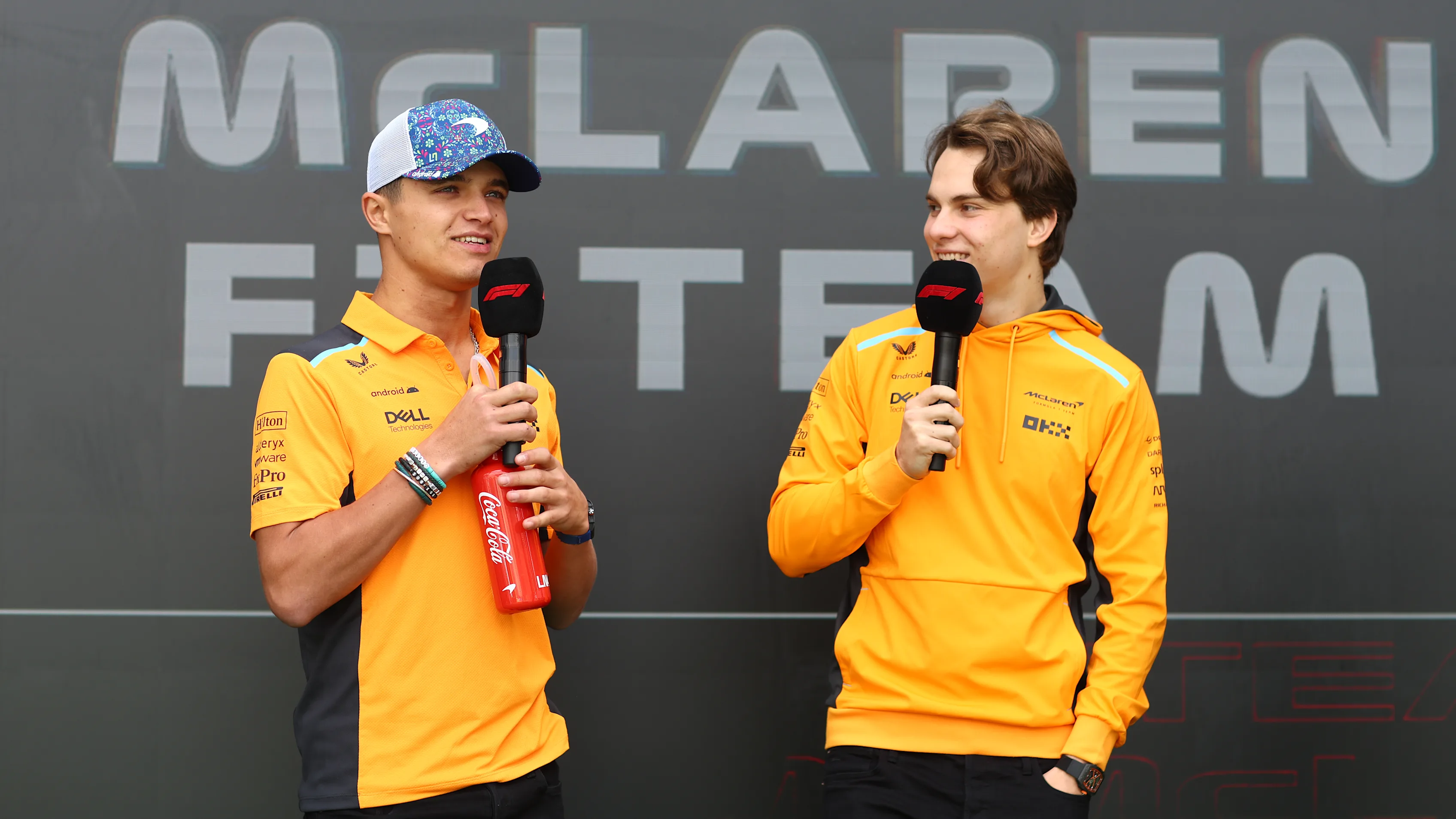 MEXICO CITY, MEXICO - OCTOBER 27: Lando Norris of Great Britain and McLaren and Oscar Piastri of