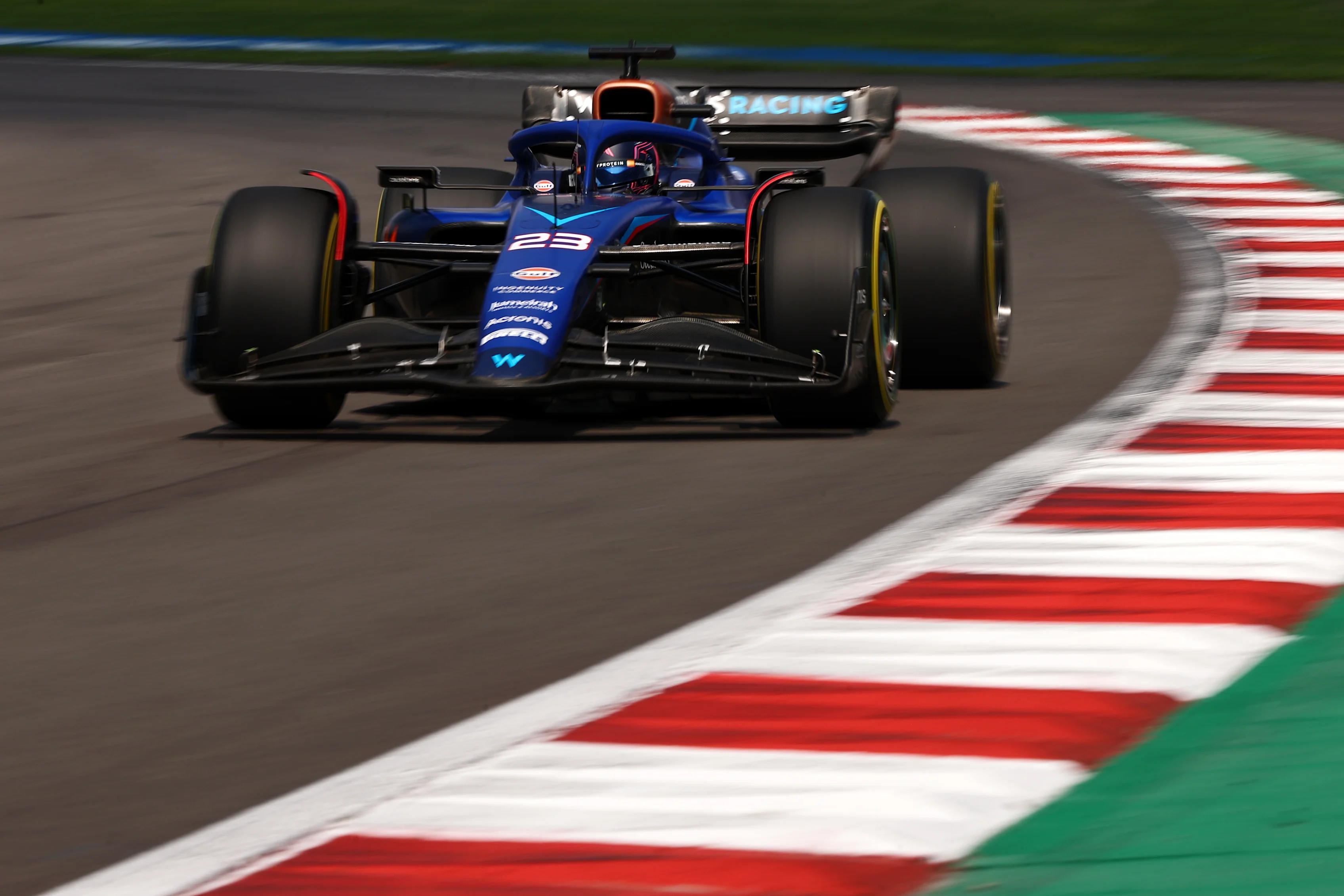 MEXICO CITY, MEXICO - OCTOBER 27: Alexander Albon of Thailand driving the (23) Williams FW45 Mercedes on track  during practice ahead of the F1 Grand Prix of Mexico at Autodromo Hermanos Rodriguez on October 27, 2023 in Mexico City, Mexico. (Photo by Jared C. Tilton/Getty Images)